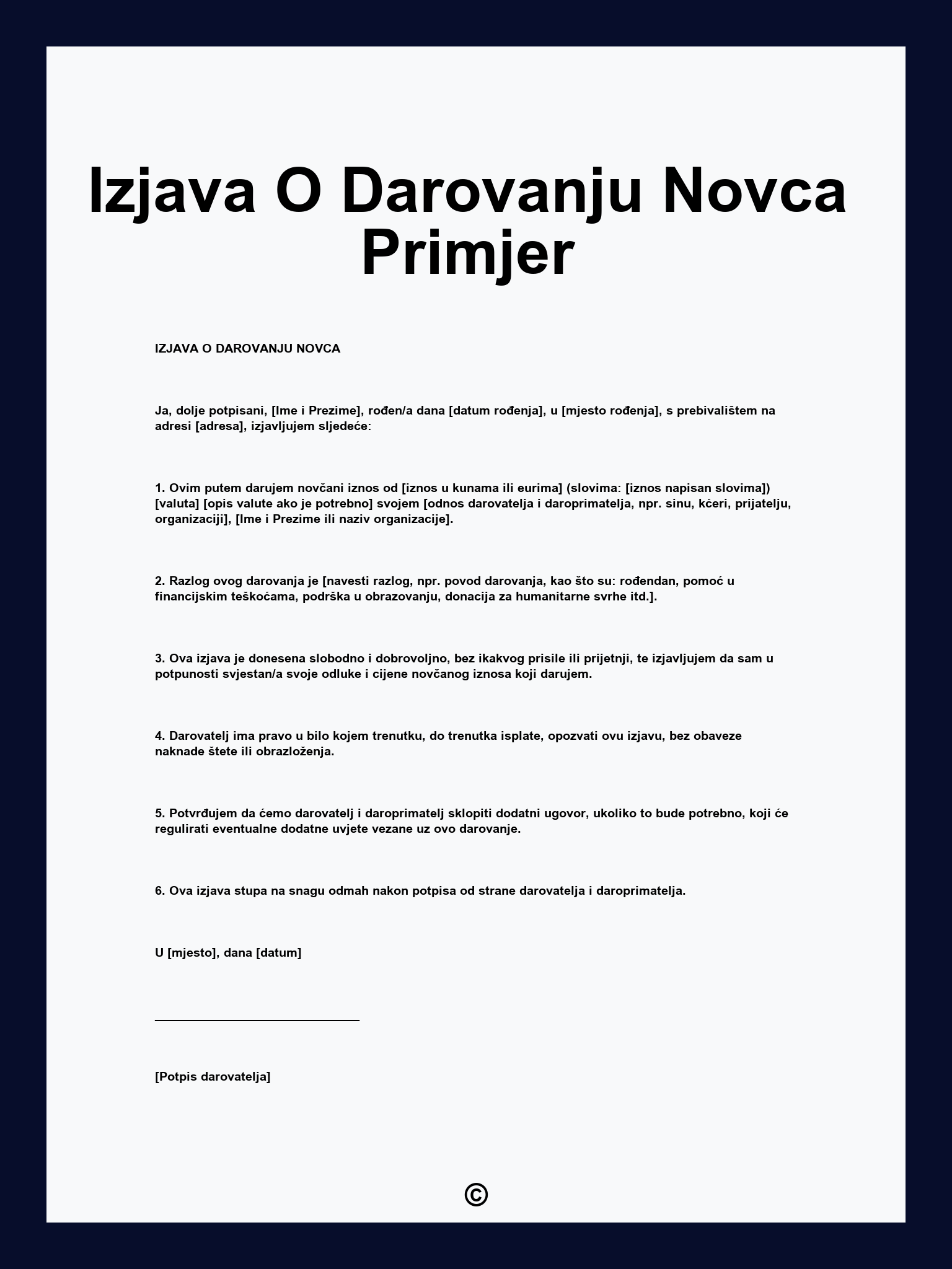 Izjava O Darovanju Novca Primjer