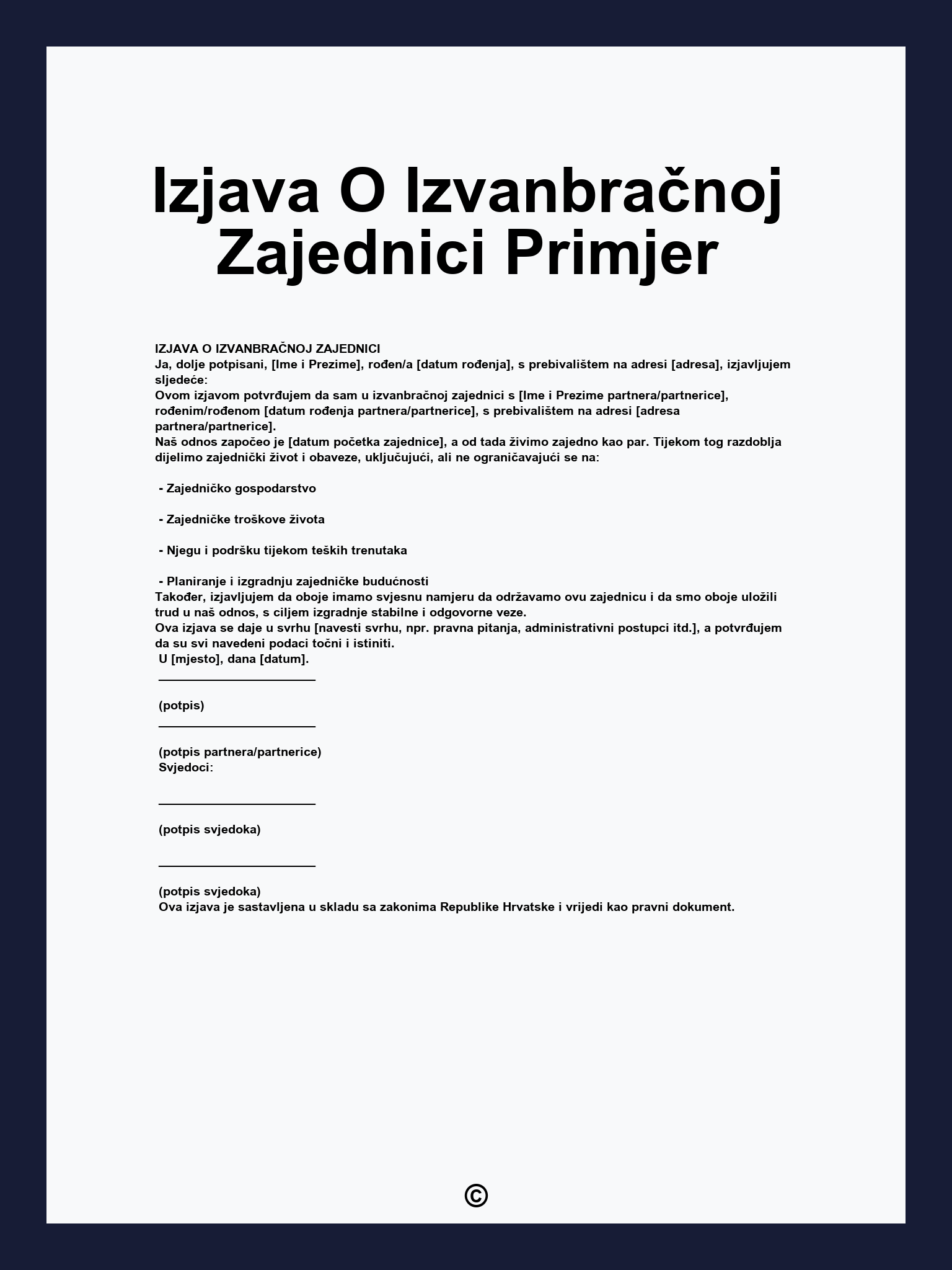 Izjava O Izvanbračnoj Zajednici Primjer