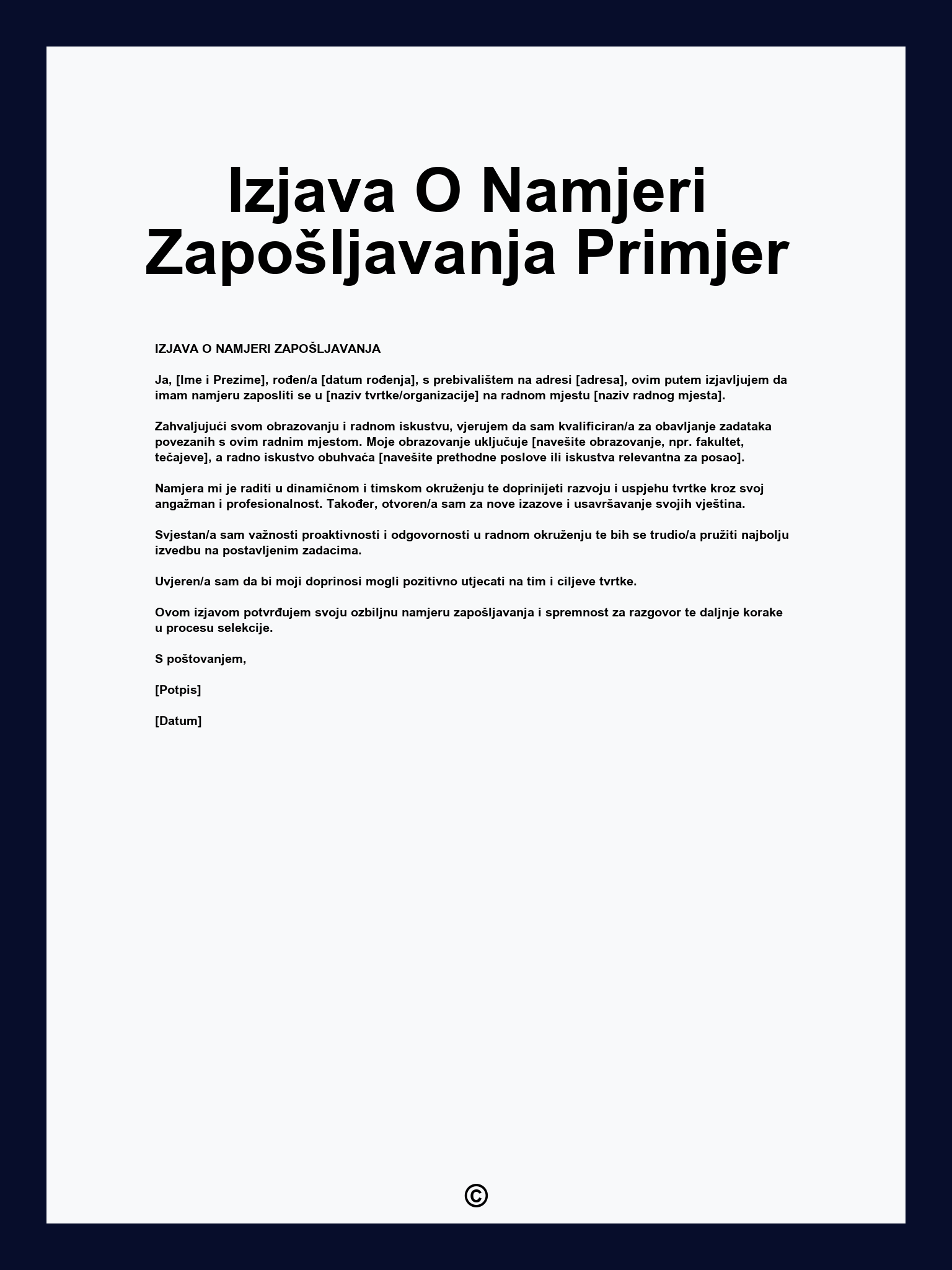 Izjava O Namjeri Zapošljavanja Primjer