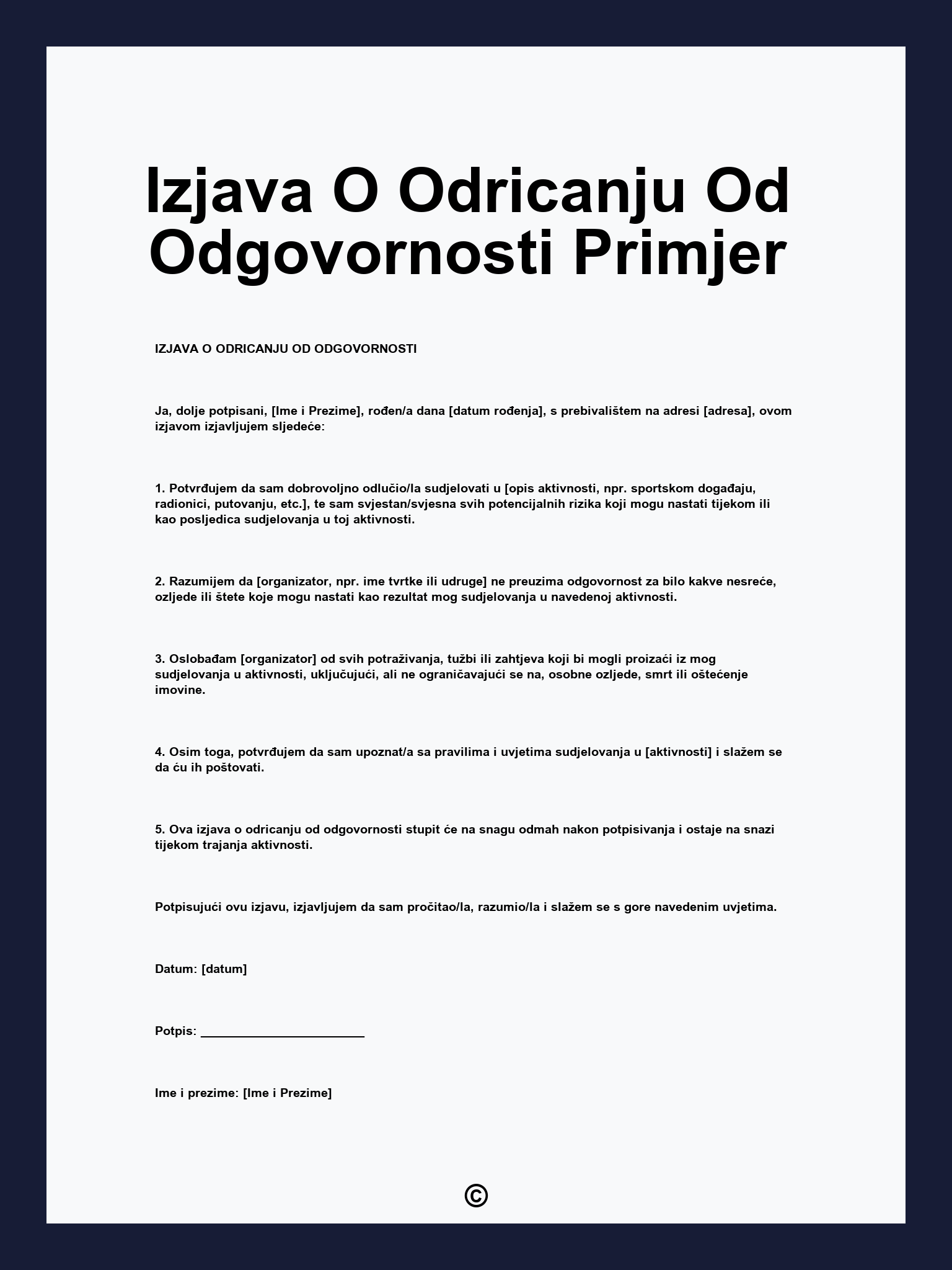 Izjava O Odricanju Od Odgovornosti Primjer