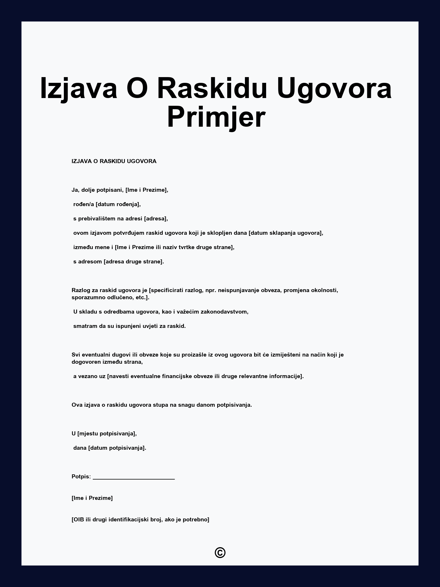 Izjava O Raskidu Ugovora Primjer