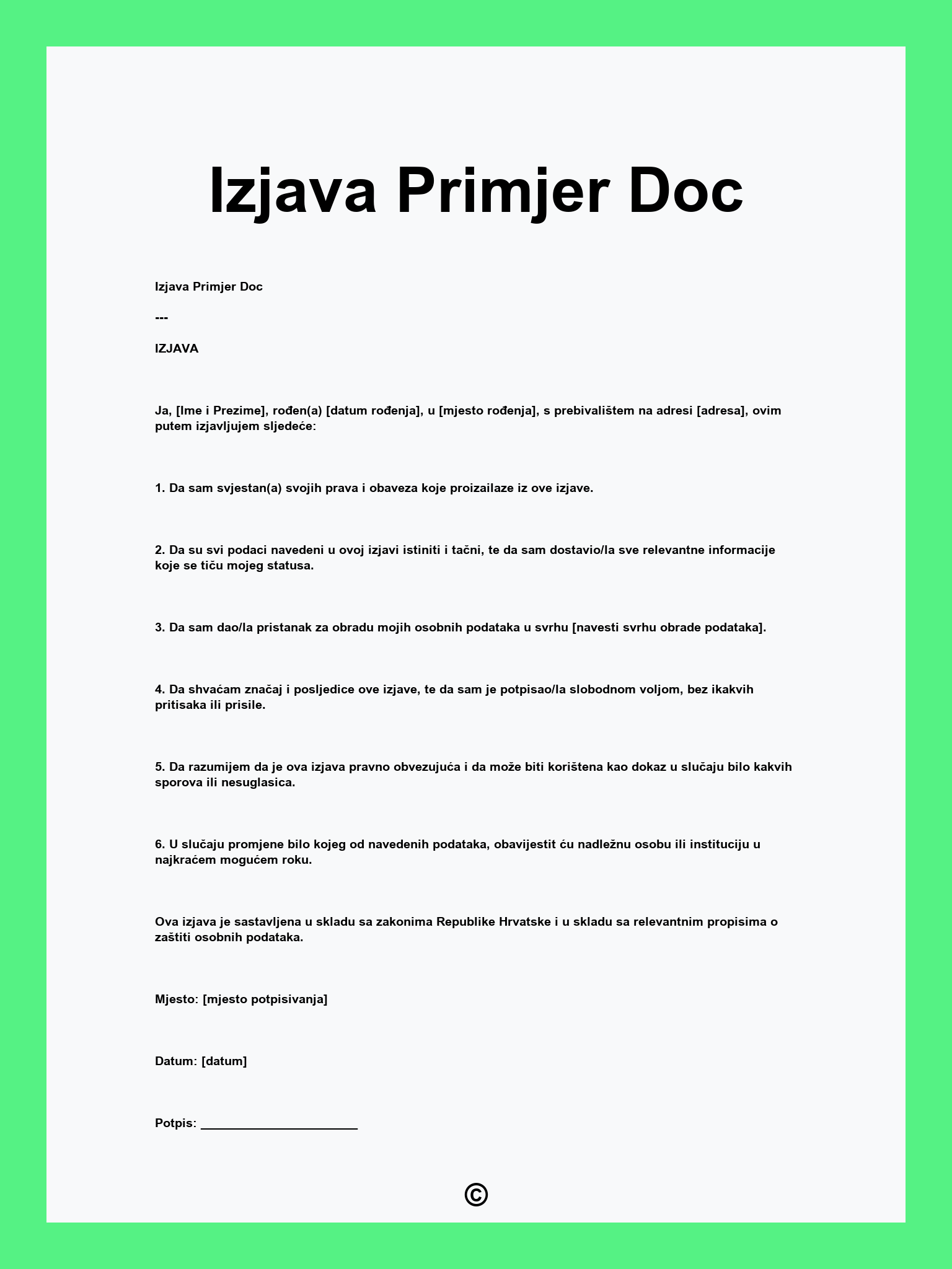 Izjava Primjer Doc