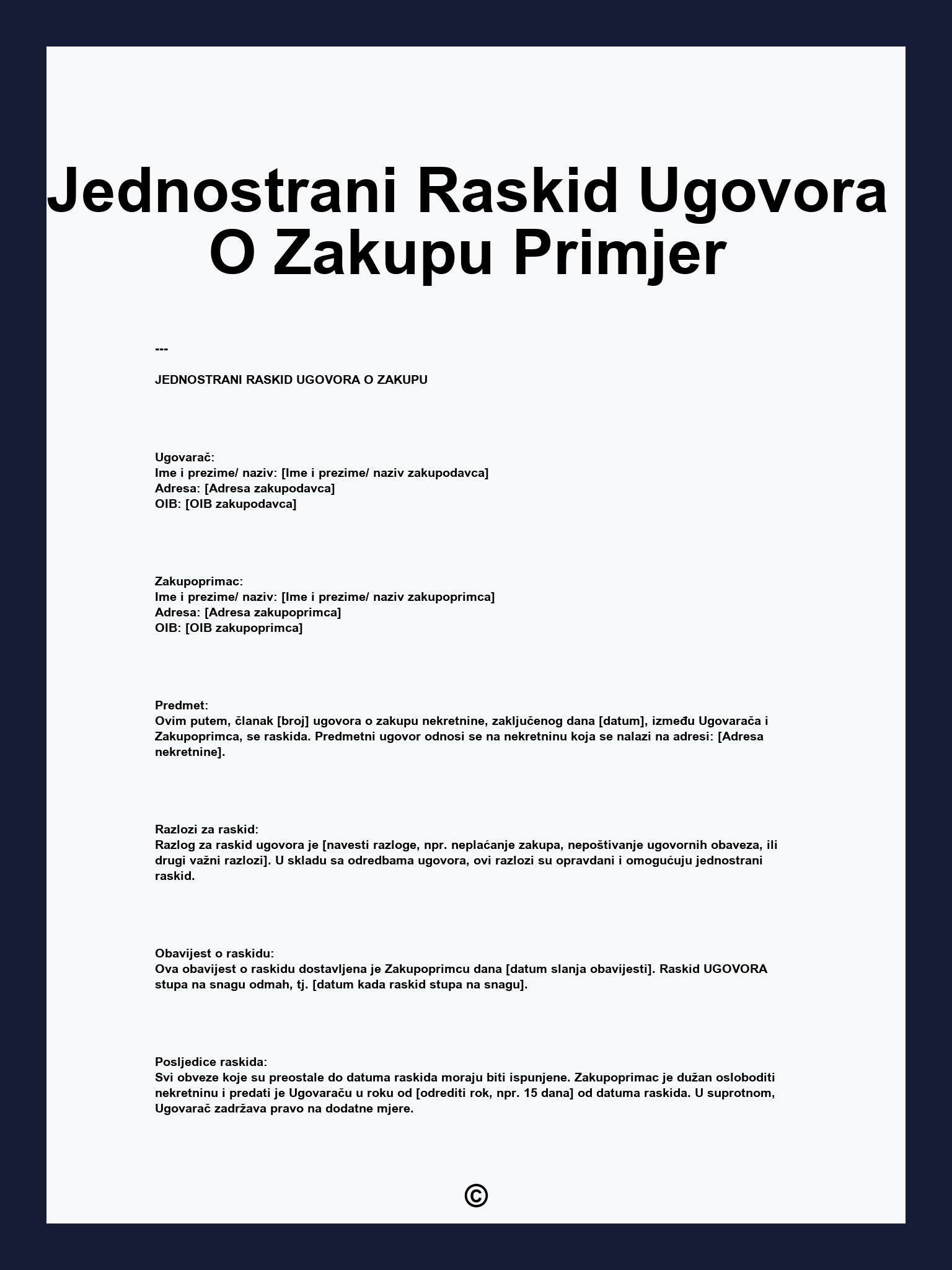 Jednostrani Raskid Ugovora O Zakupu Primjer
