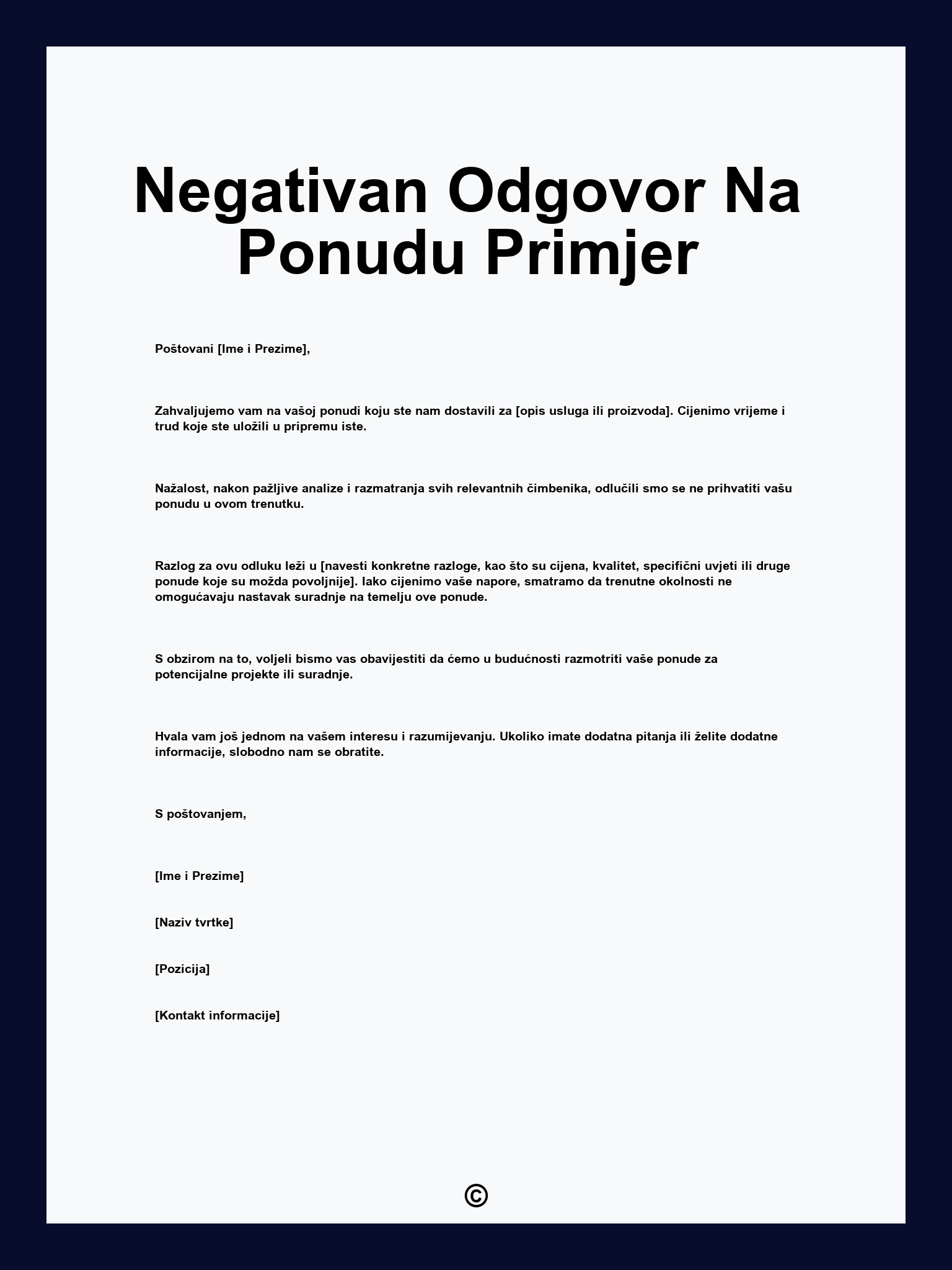 Negativan Odgovor Na Ponudu Primjer