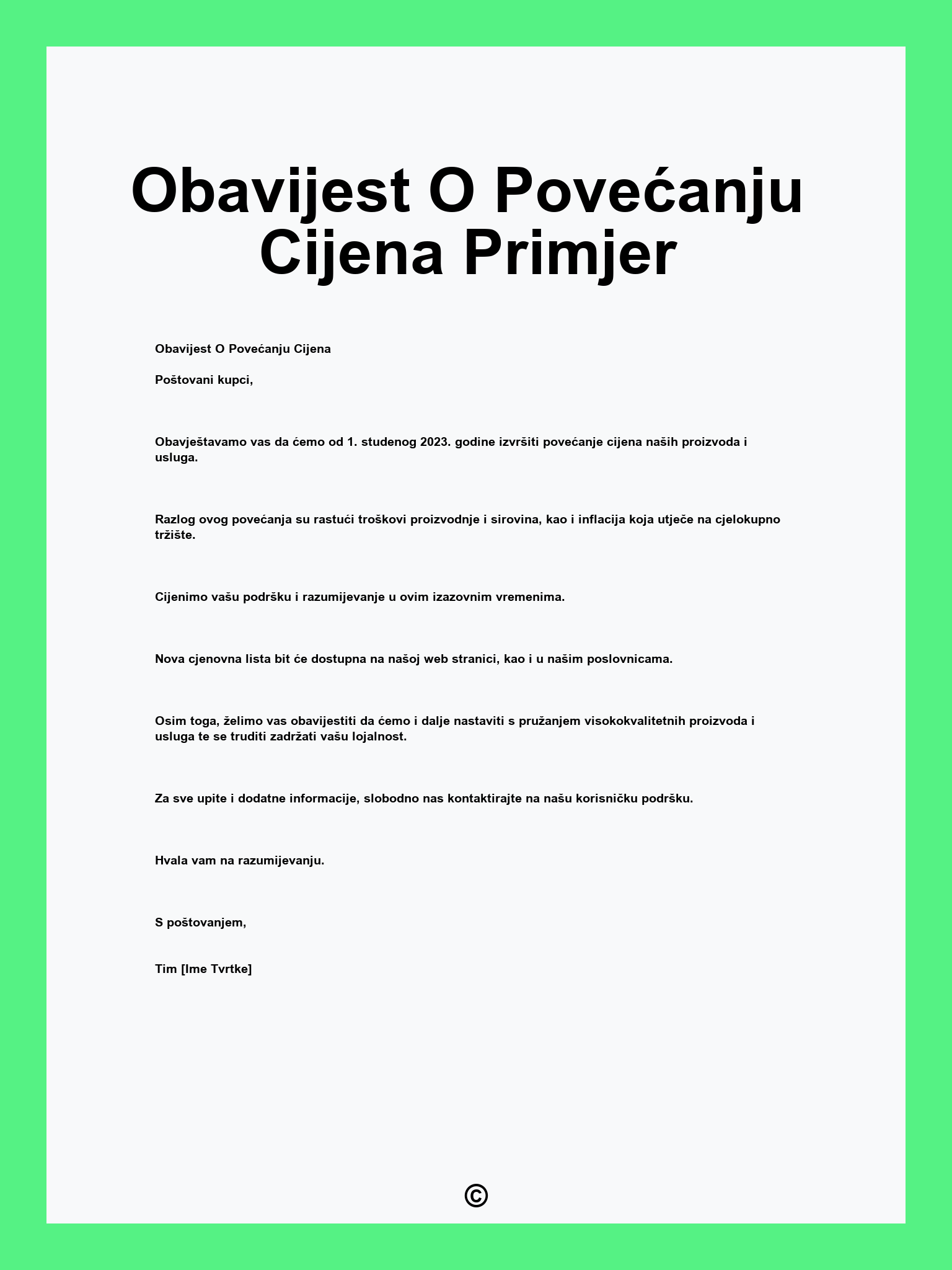 Obavijest O Povećanju Cijena Primjer