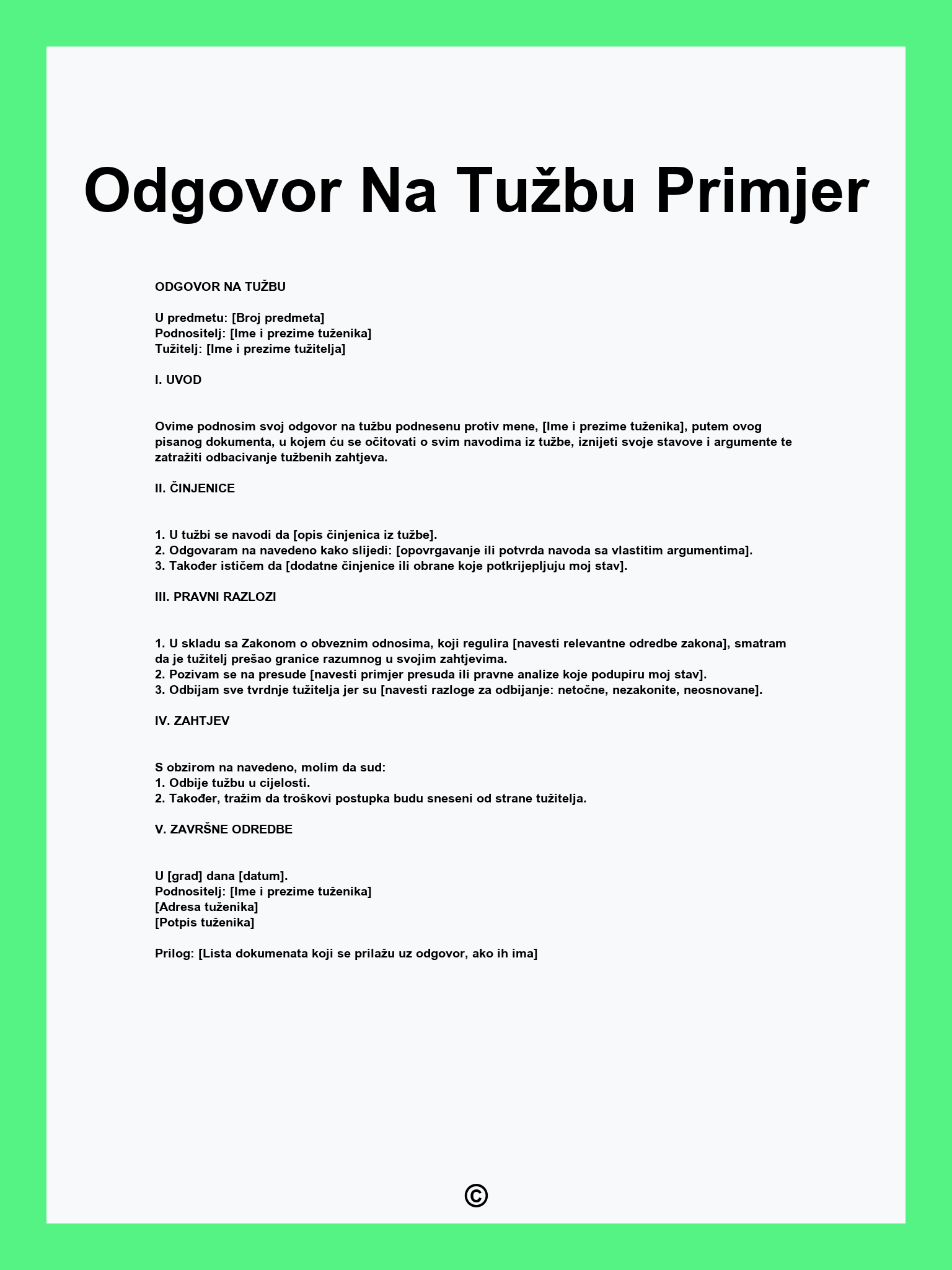 Odgovor Na Tužbu Primjer