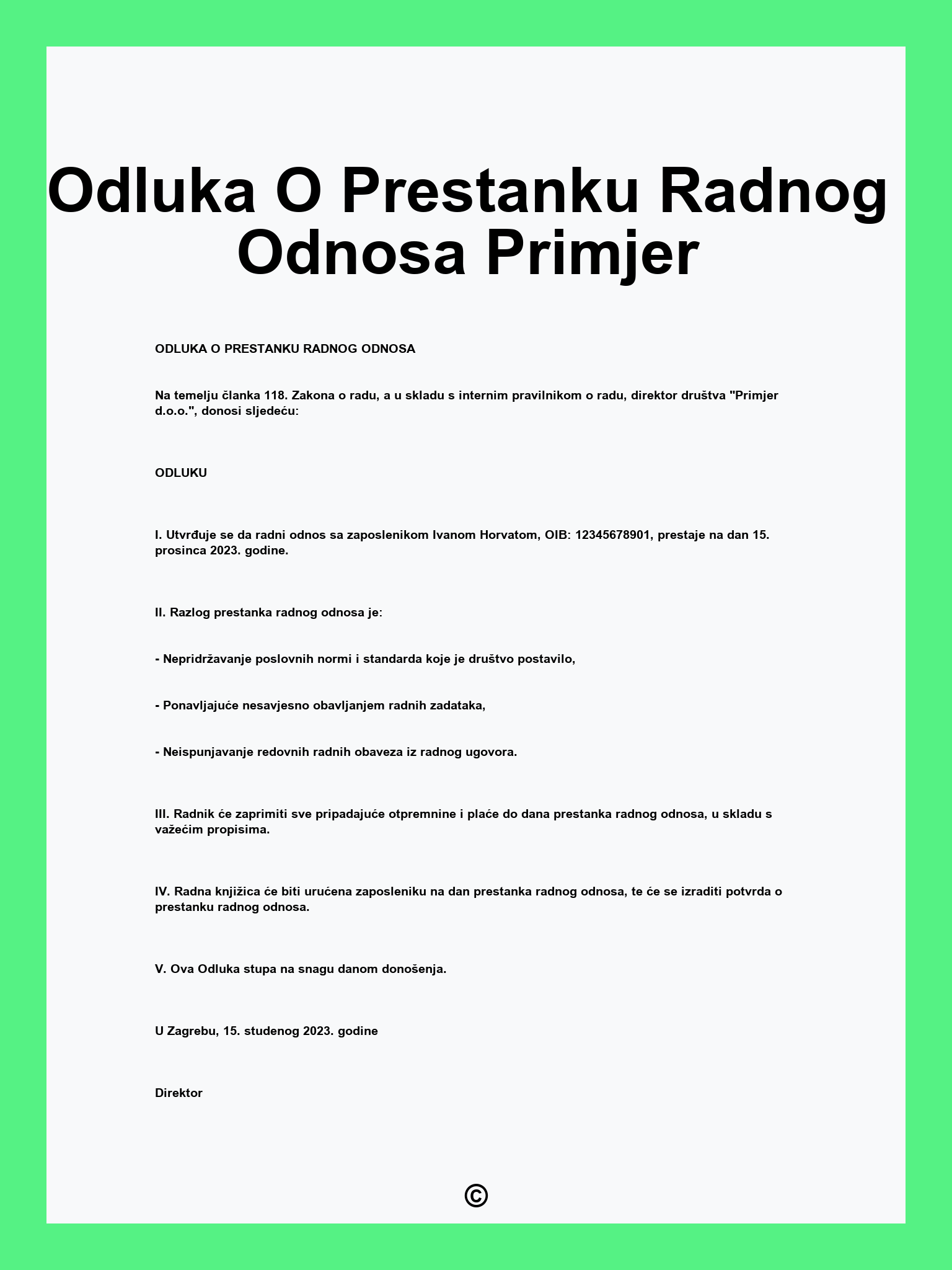 Odluka O Prestanku Radnog Odnosa Primjer