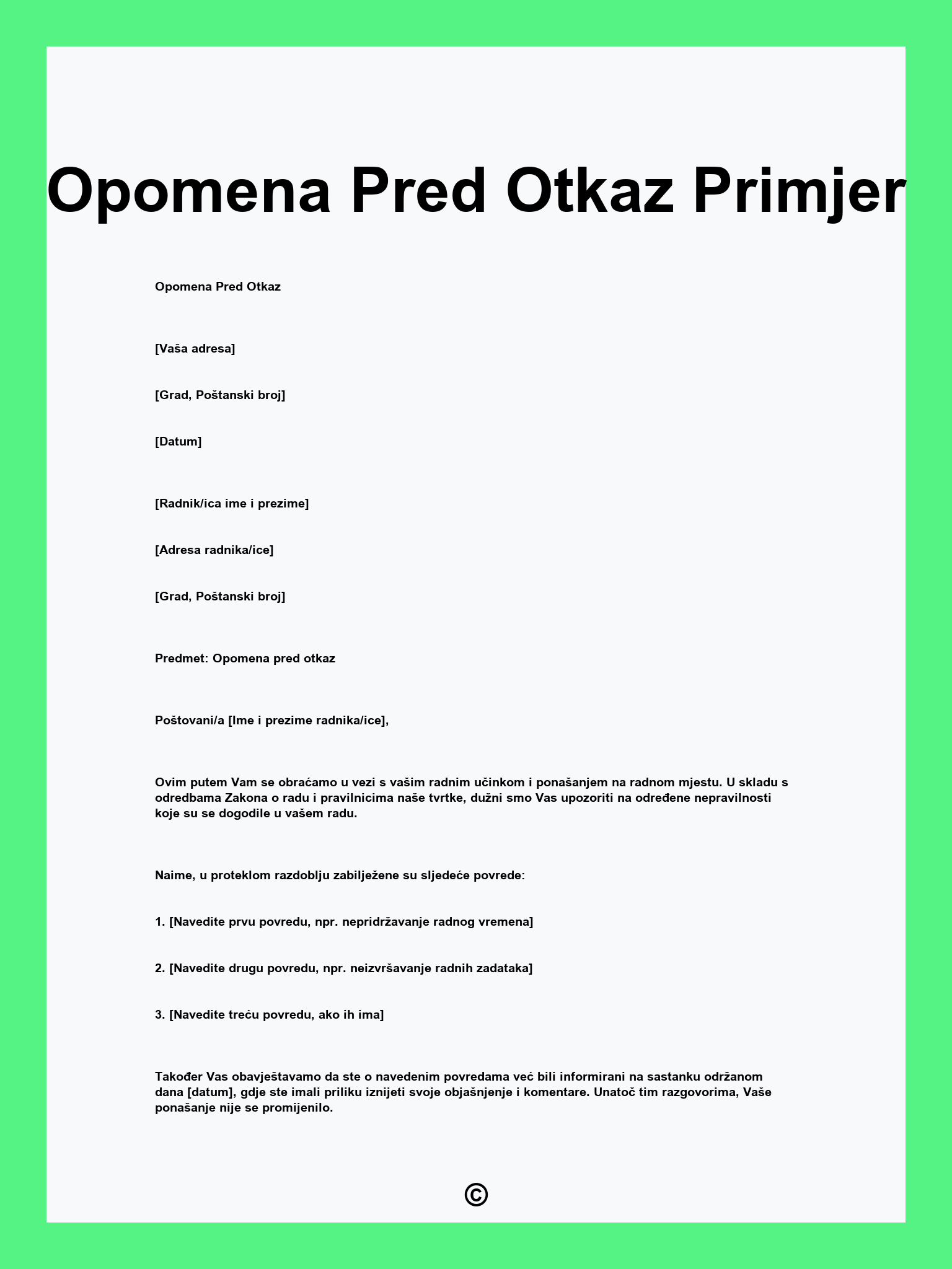 Opomena Pred Otkaz Primjer