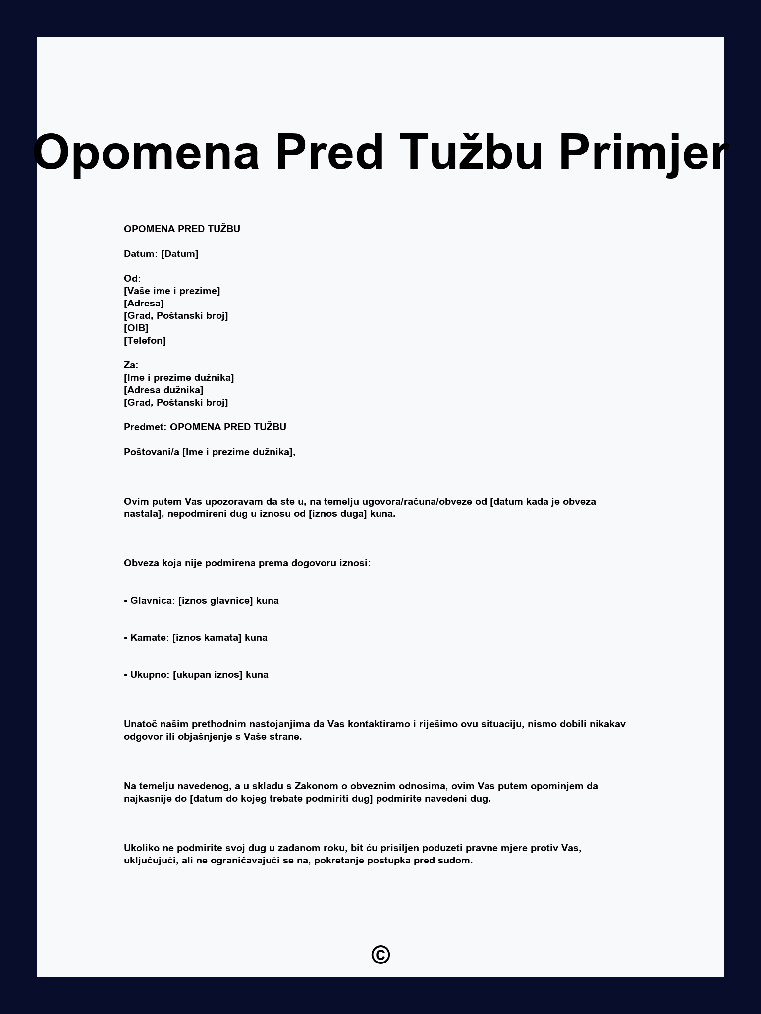 Opomena Pred Tužbu Primjer