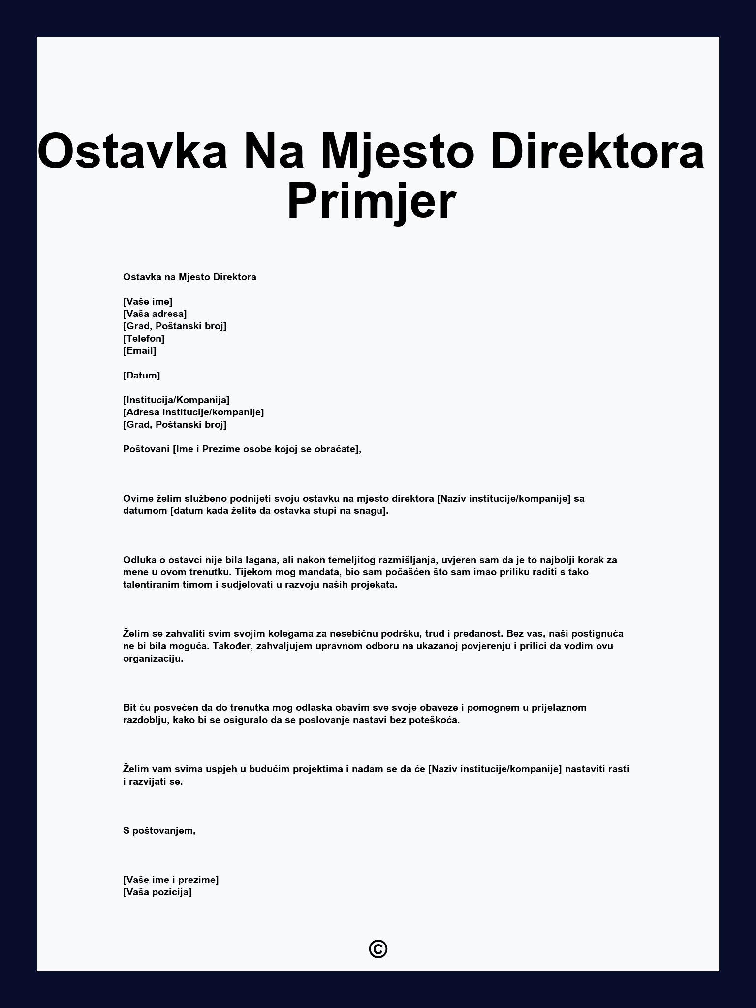 Ostavka Na Mjesto Direktora Primjer