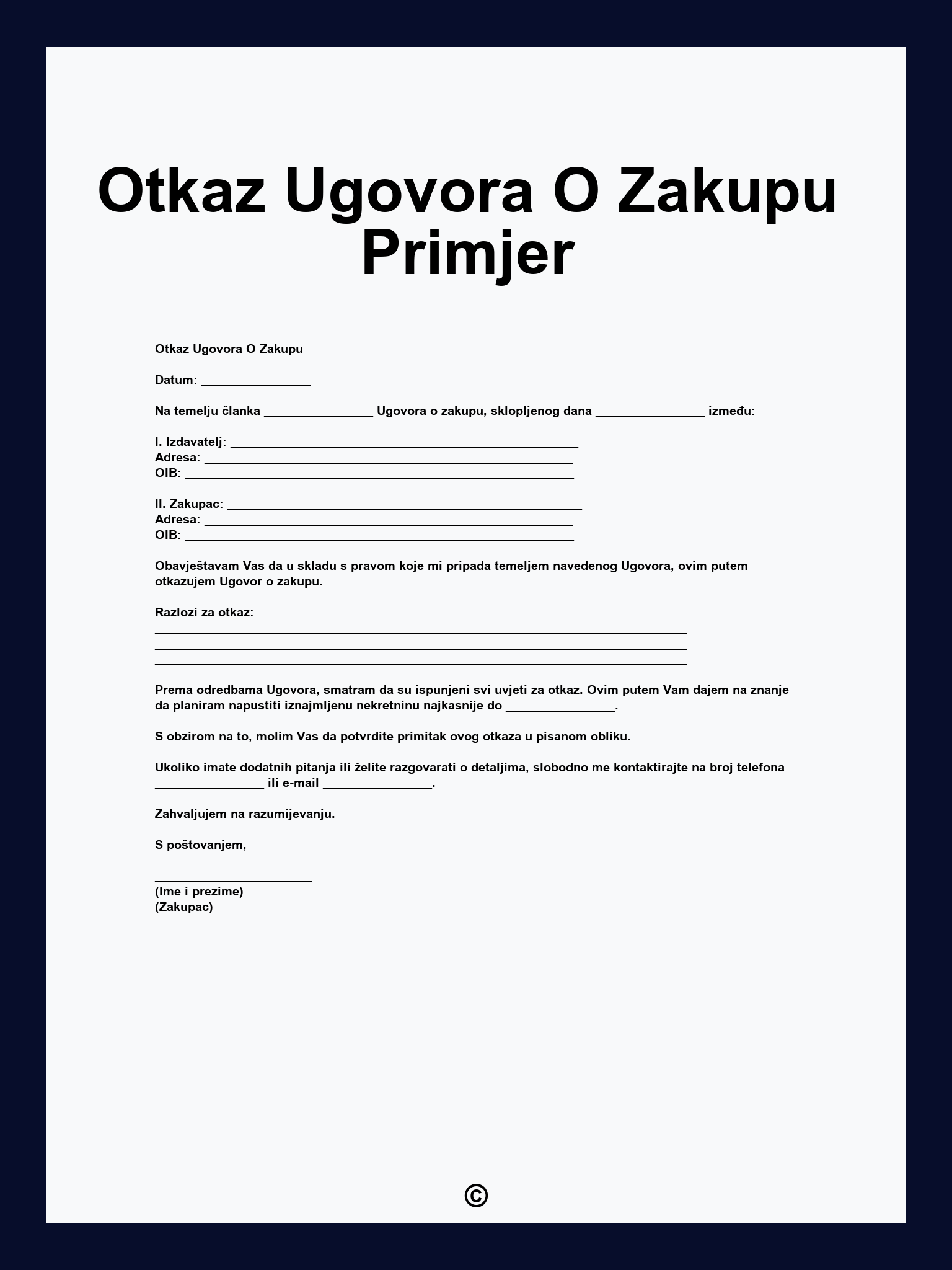 Otkaz Ugovora O Zakupu Primjer