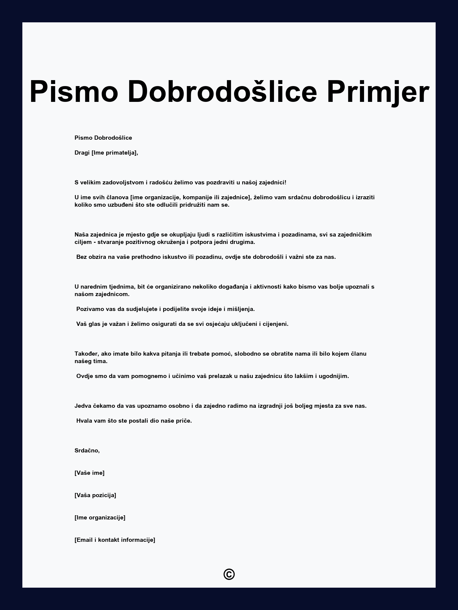 Pismo Dobrodošlice Primjer