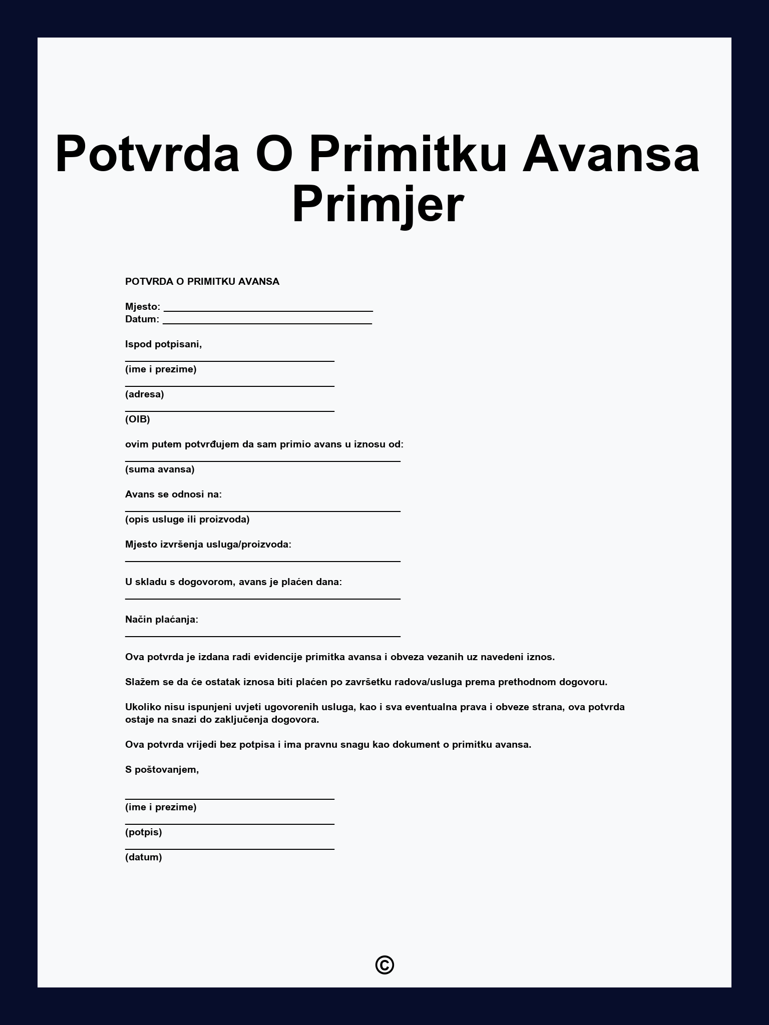 Potvrda O Primitku Avansa Primjer