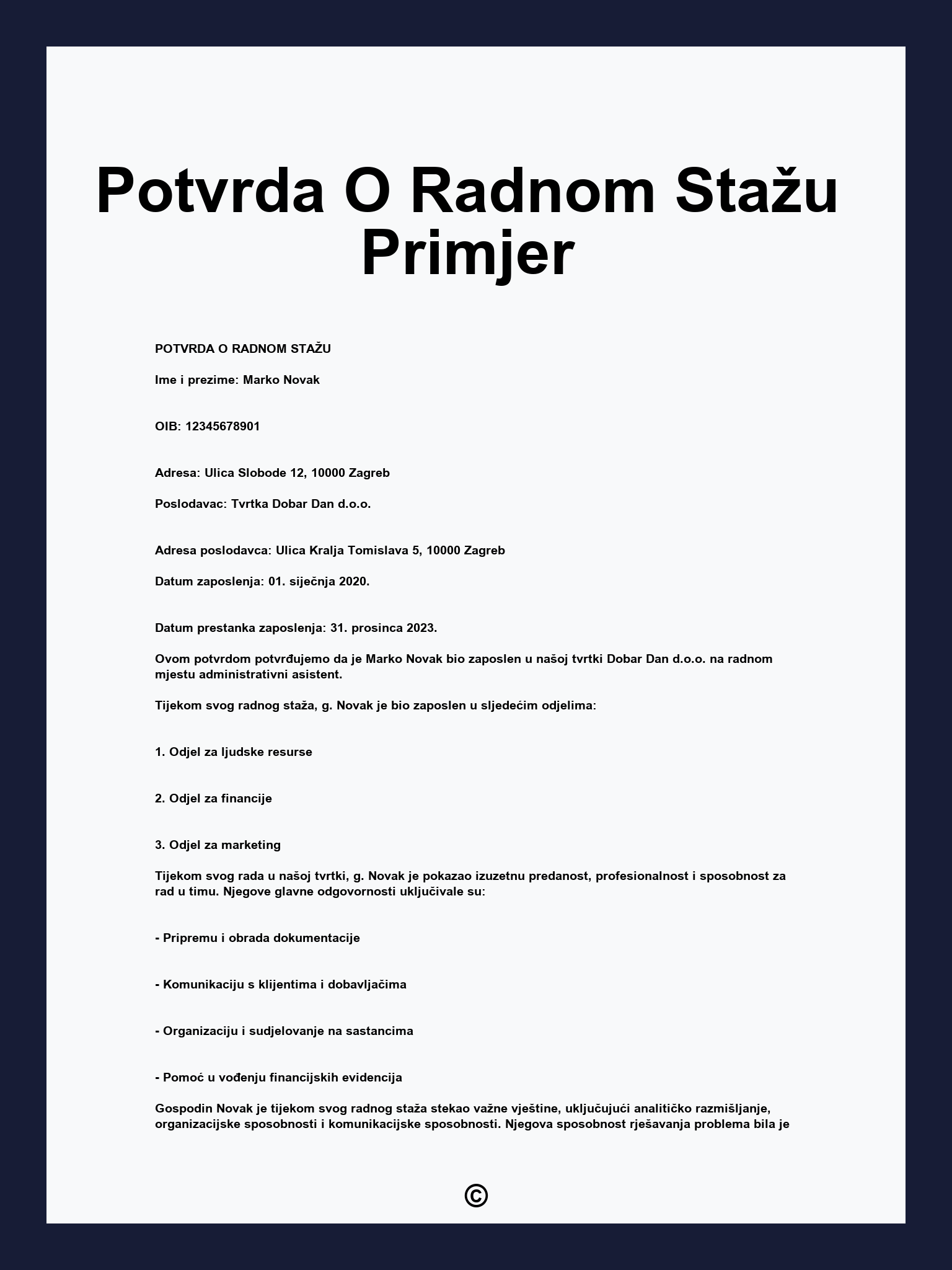 Potvrda O Radnom Stažu Primjer