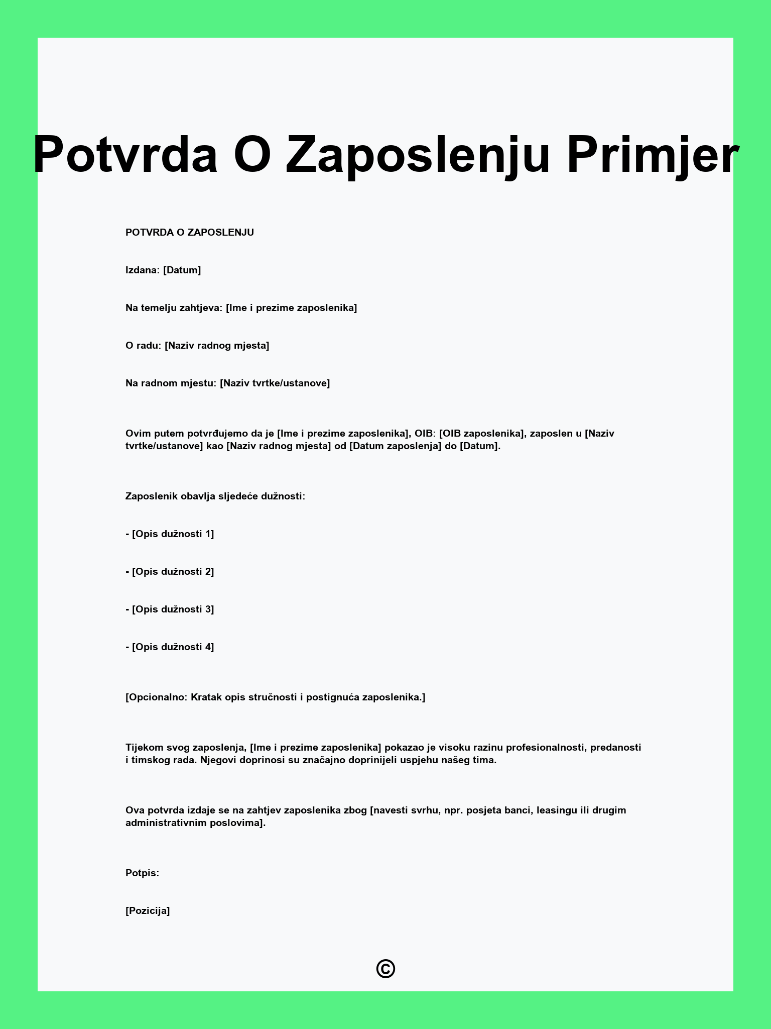 Potvrda O Zaposlenju Primjer