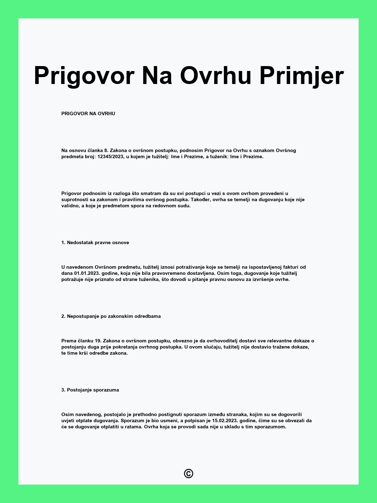 Prigovor Na Ovrhu Primjer