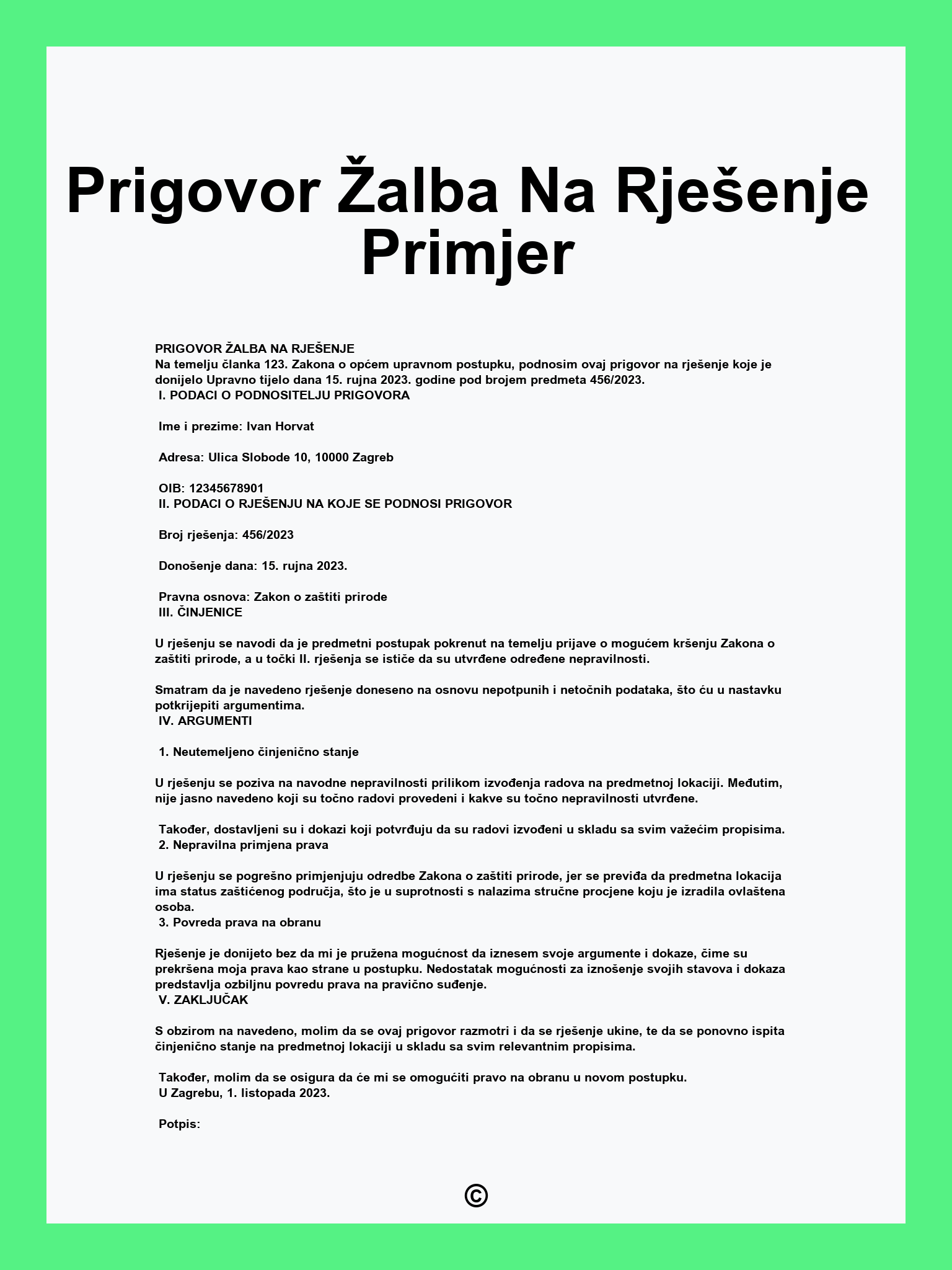 Prigovor Žalba Na Rješenje Primjer