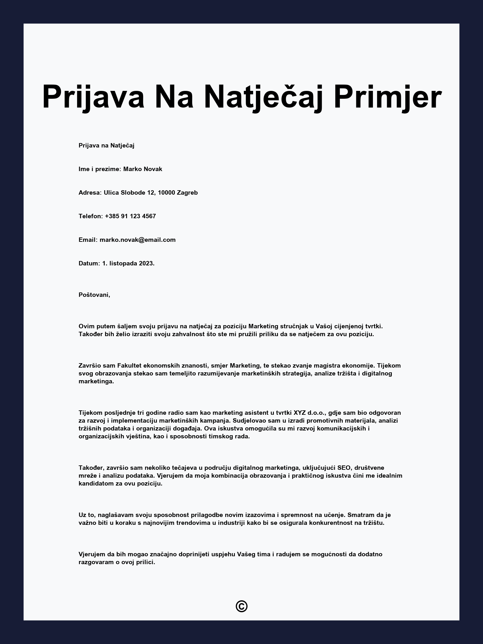 Prijava Na Natječaj Primjer