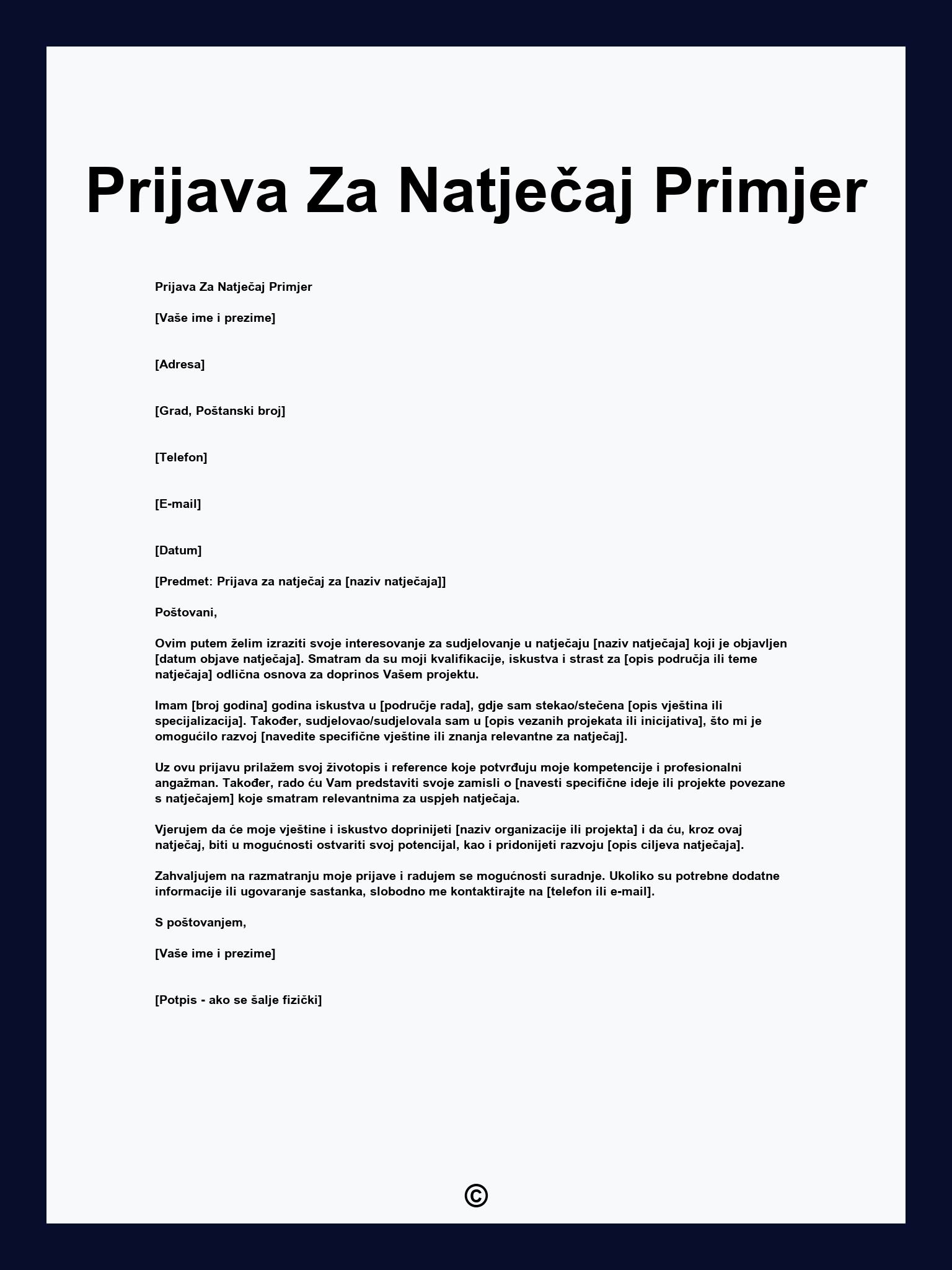 Prijava Za Natječaj Primjer