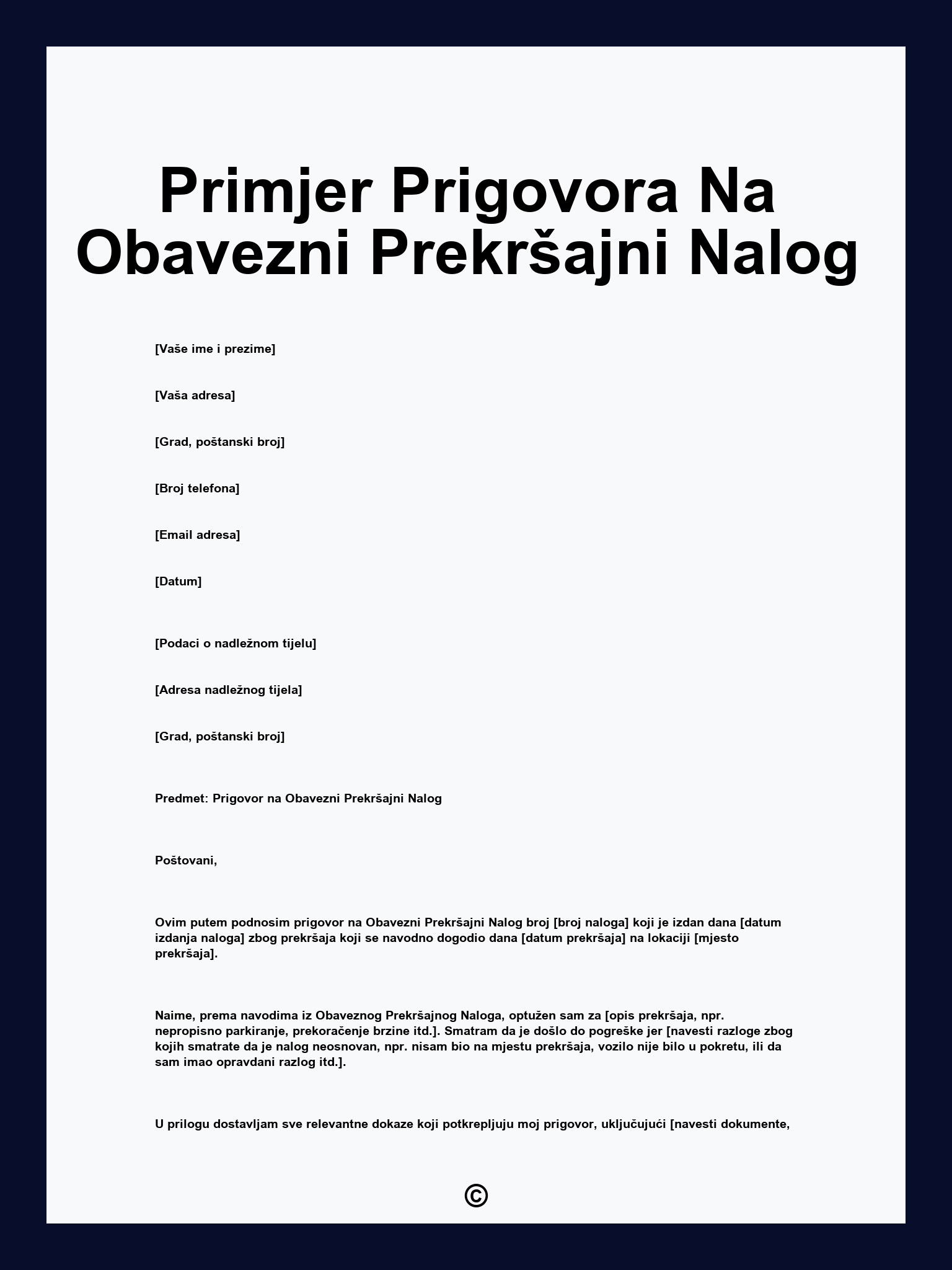 Primjer Prigovora Na Obavezni Prekršajni Nalog