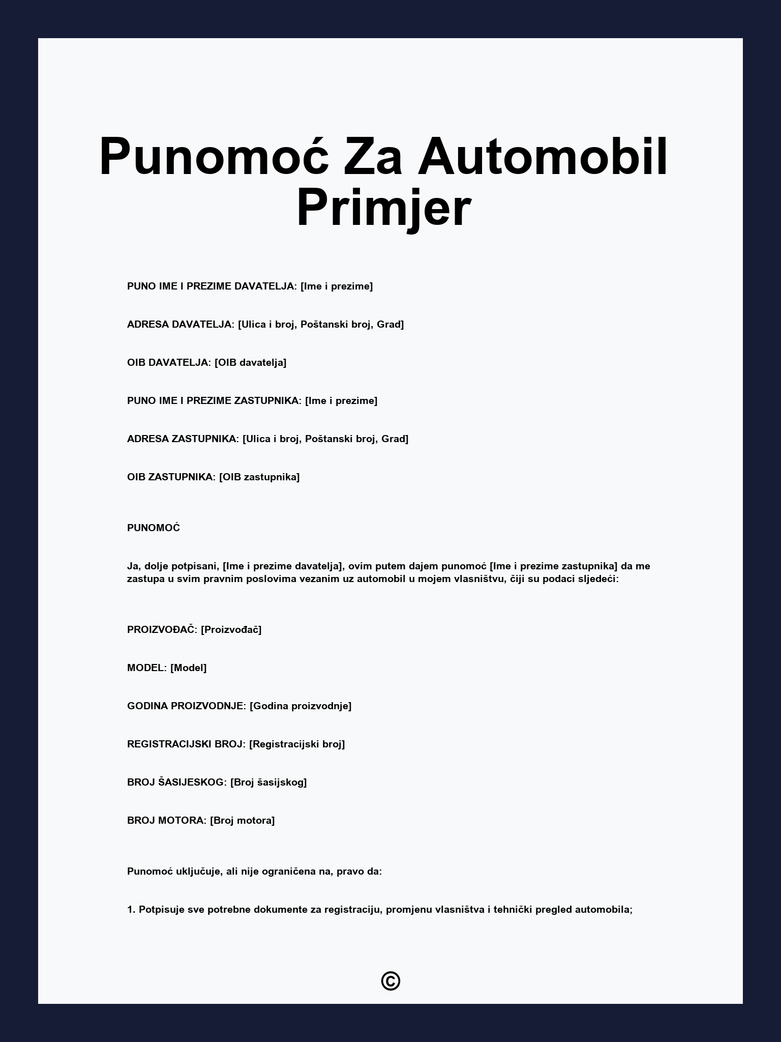 Punomoć Za Automobil Primjer