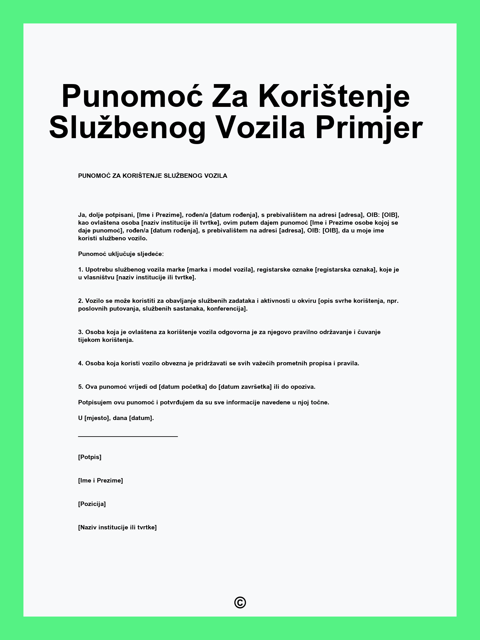 Punomoć Za Korištenje Službenog Vozila Primjer