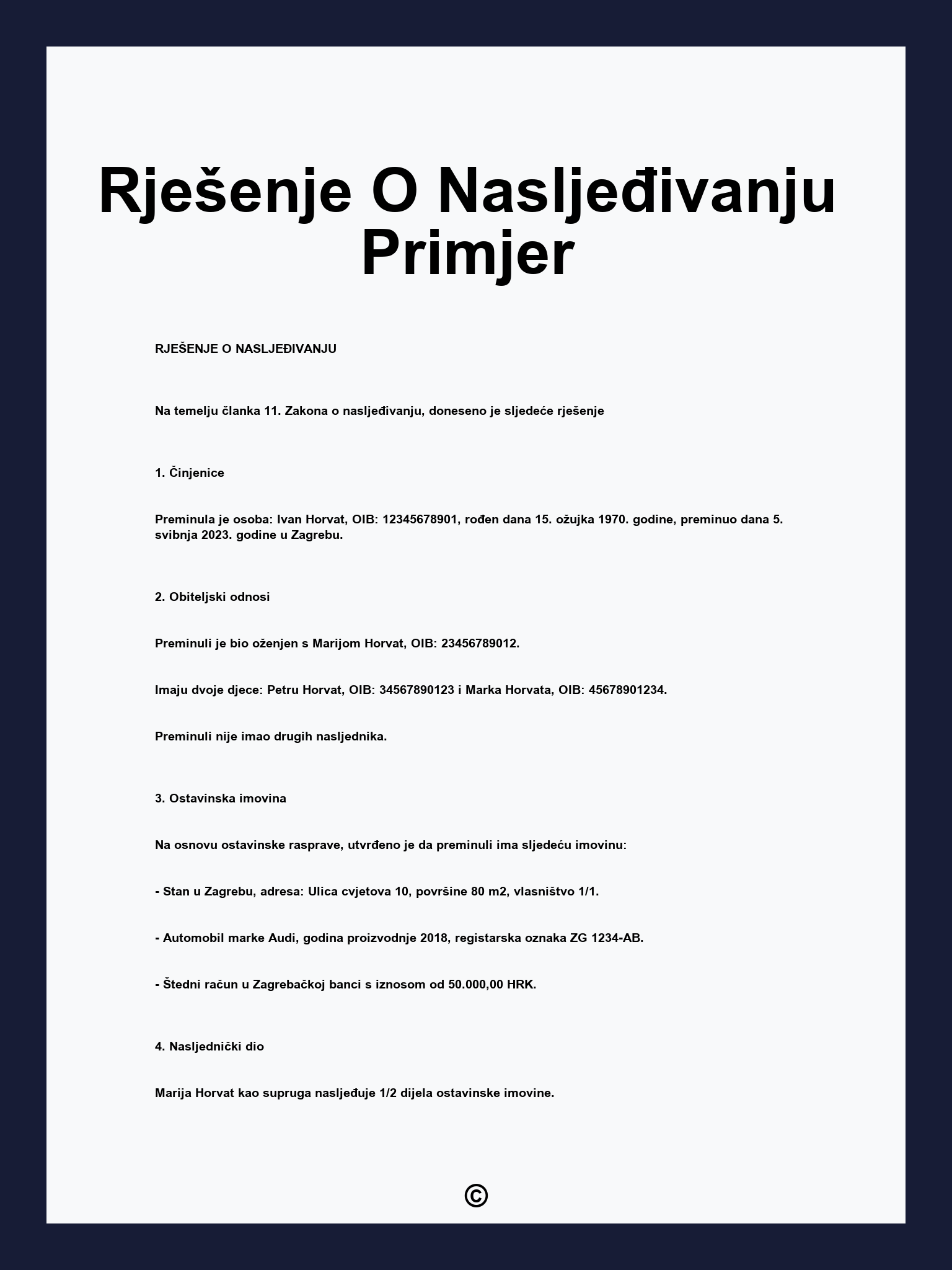Rješenje O Nasljeđivanju Primjer