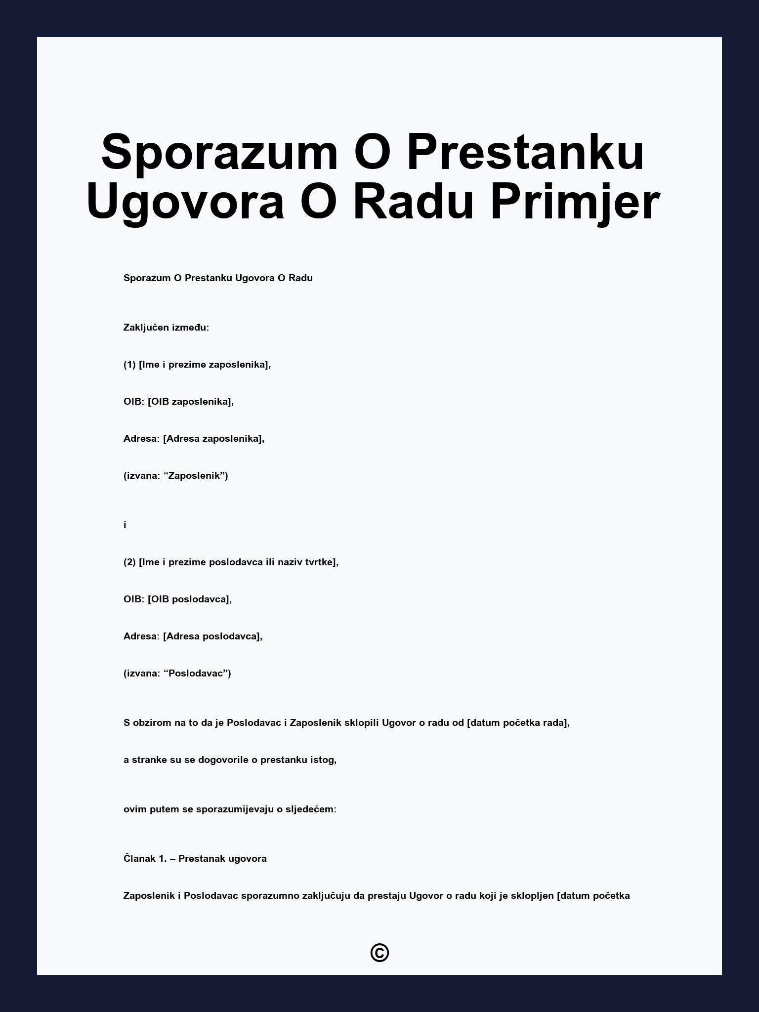 Sporazum O Prestanku Ugovora O Radu Primjer