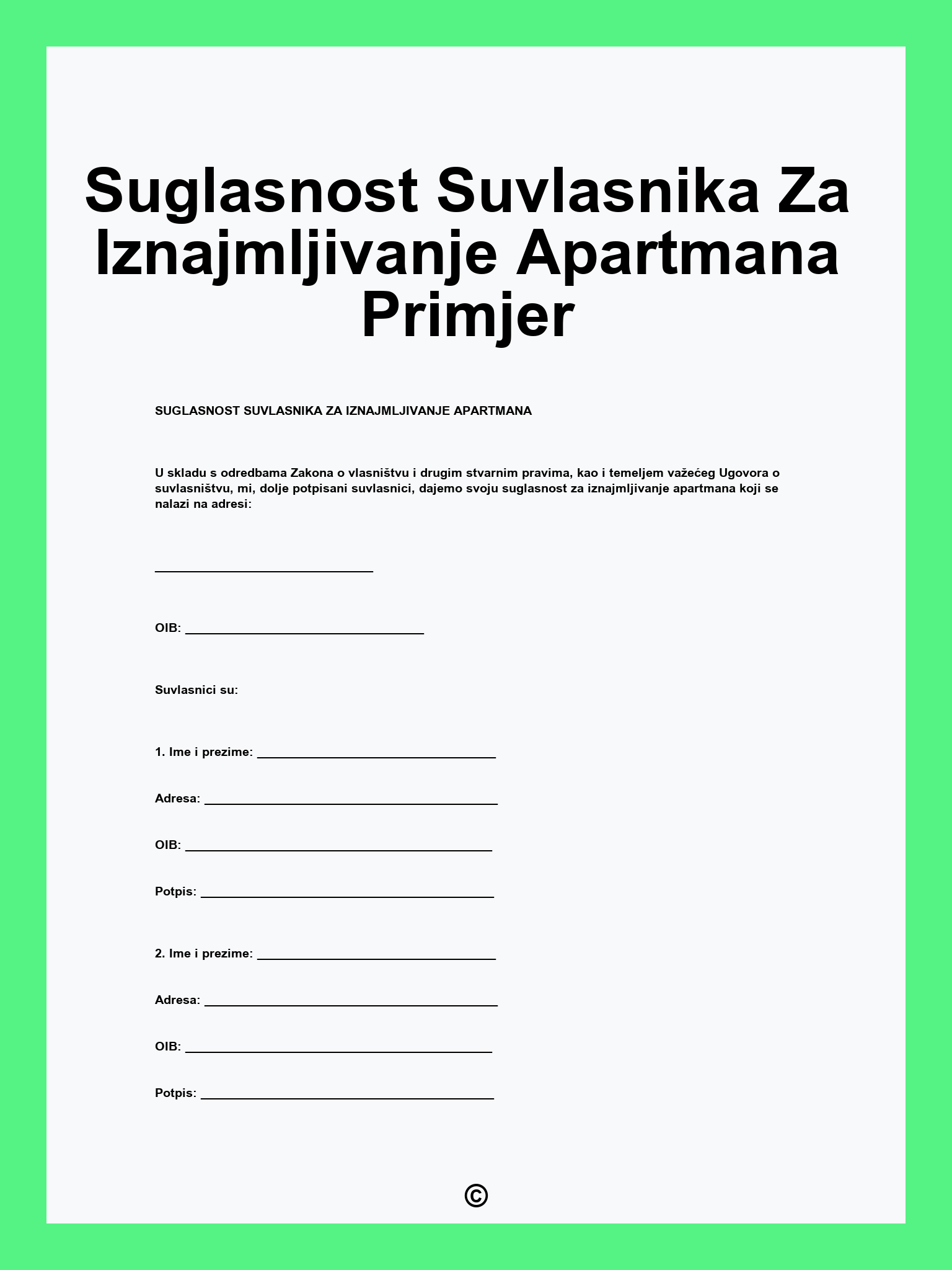 Suglasnost Suvlasnika Za Iznajmljivanje Apartmana Primjer