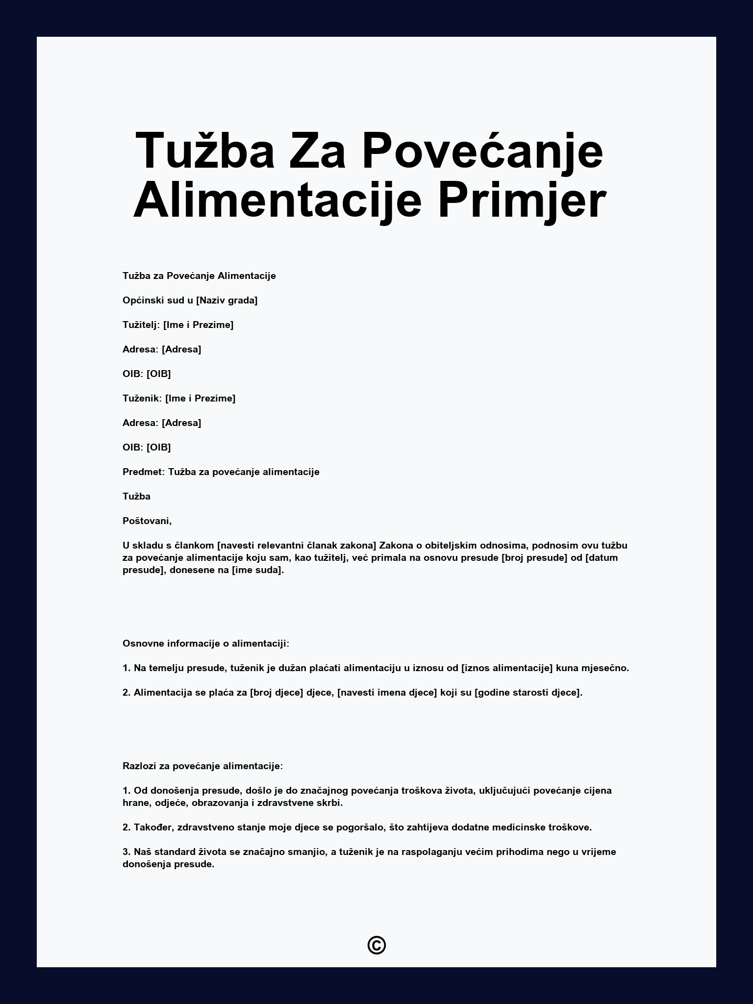 Tužba Za Povećanje Alimentacije Primjer