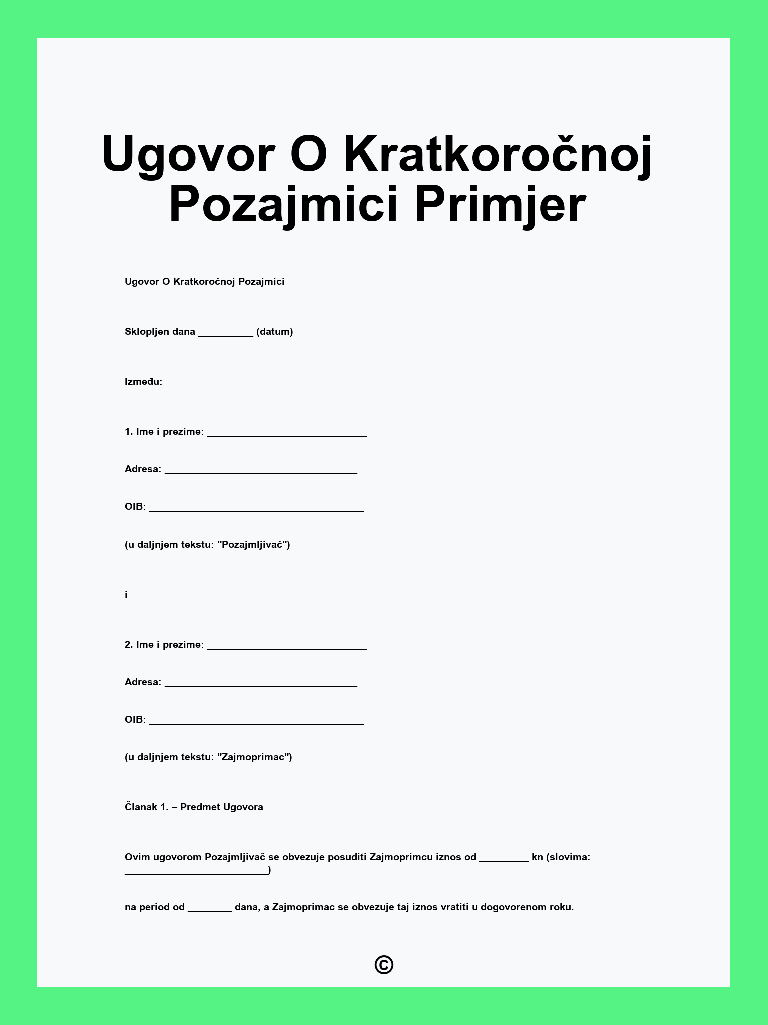 Ugovor O Kratkoročnoj Pozajmici Primjer