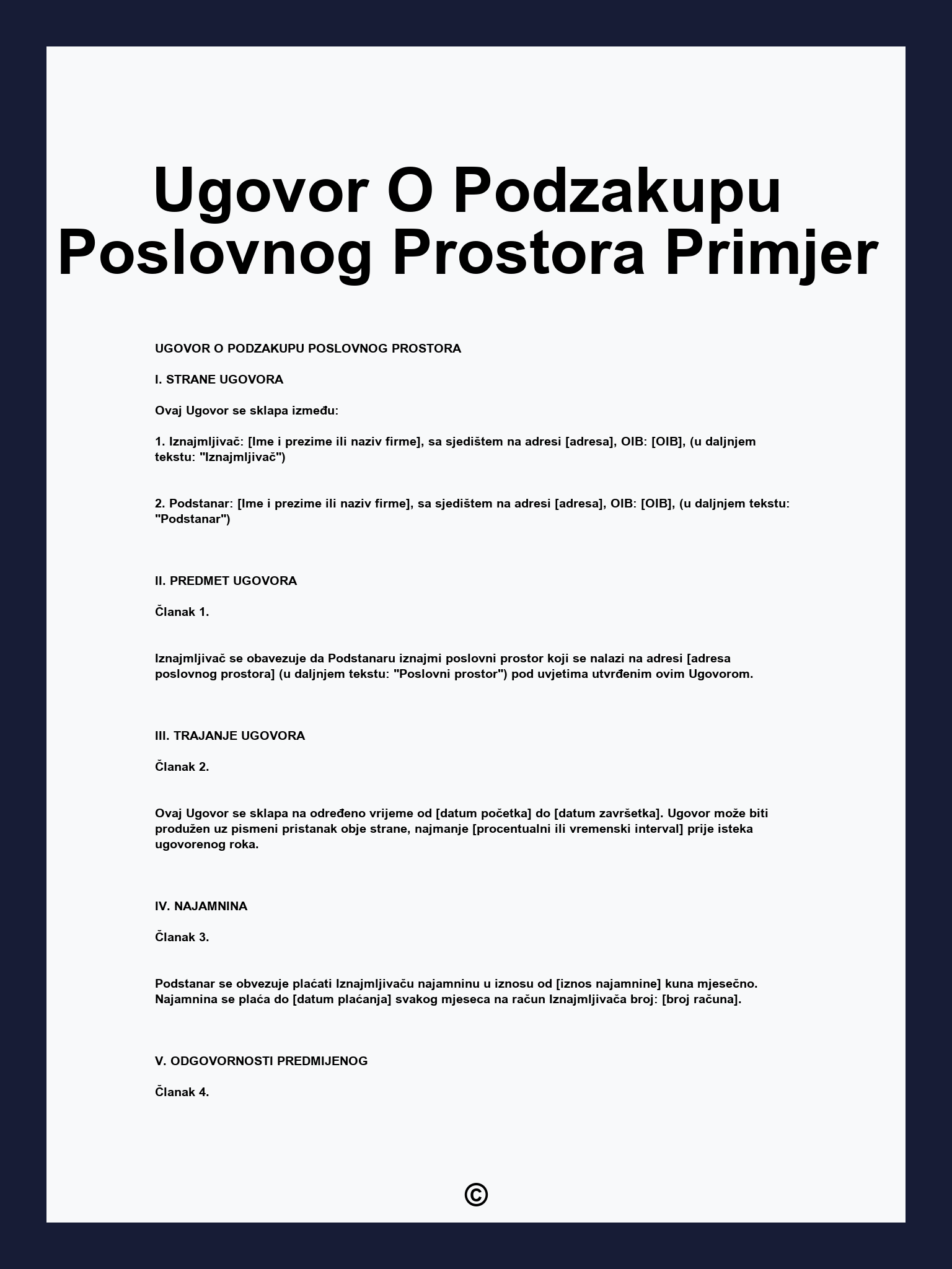 Ugovor O Podzakupu Poslovnog Prostora Primjer