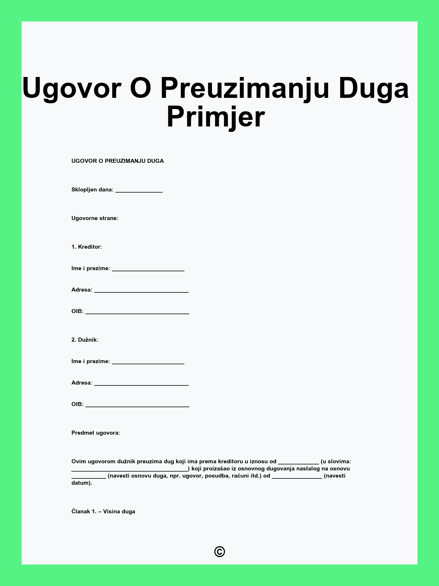 Ugovor O Preuzimanju Duga Primjer