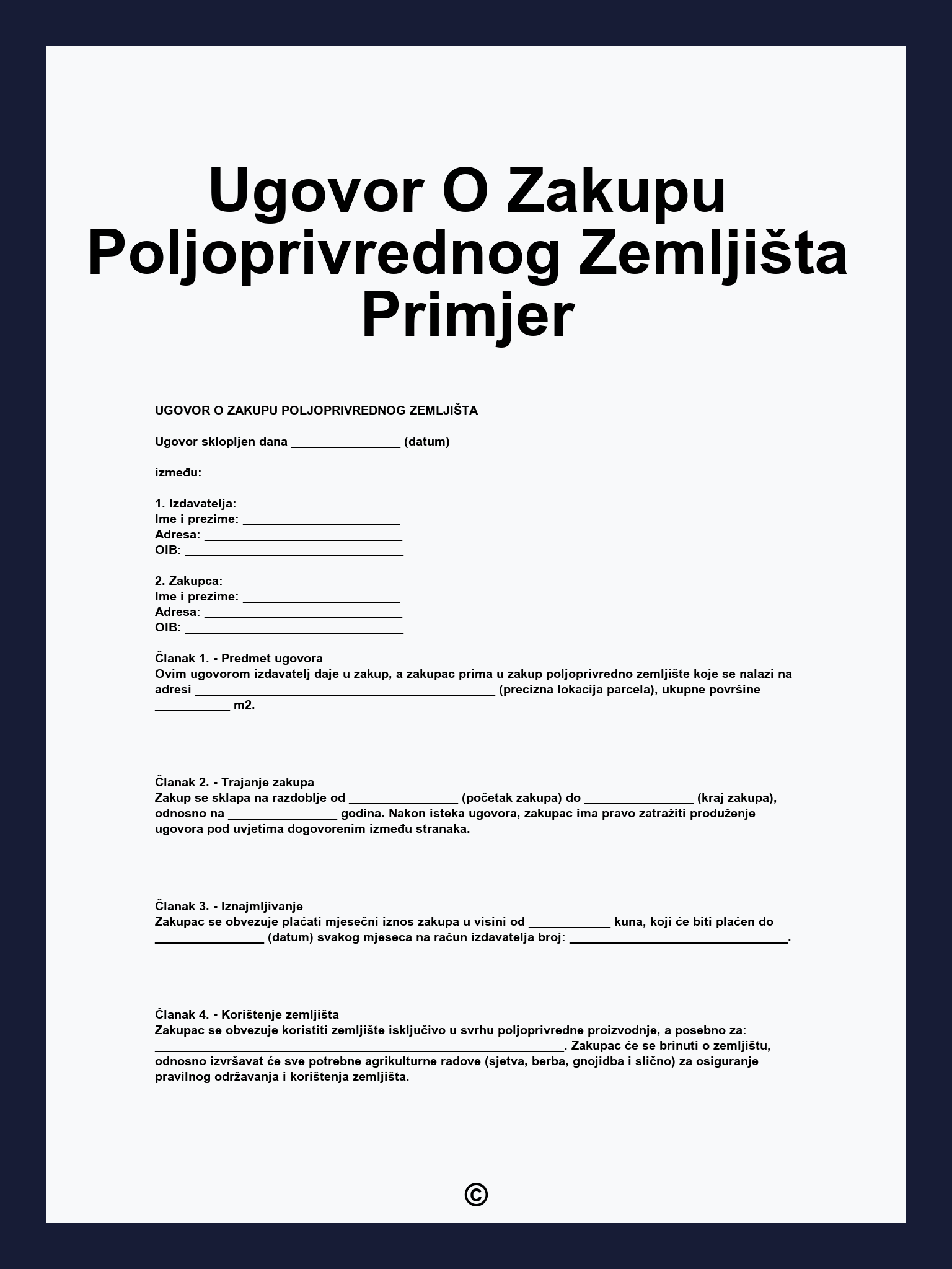 Ugovor O Zakupu Poljoprivrednog Zemljišta Primjer