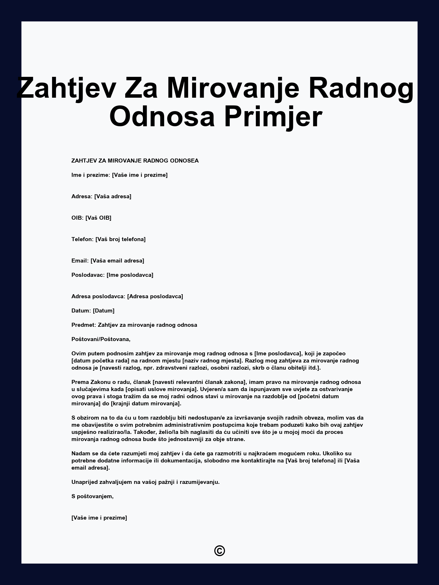 Zahtjev Za Mirovanje Radnog Odnosa Primjer