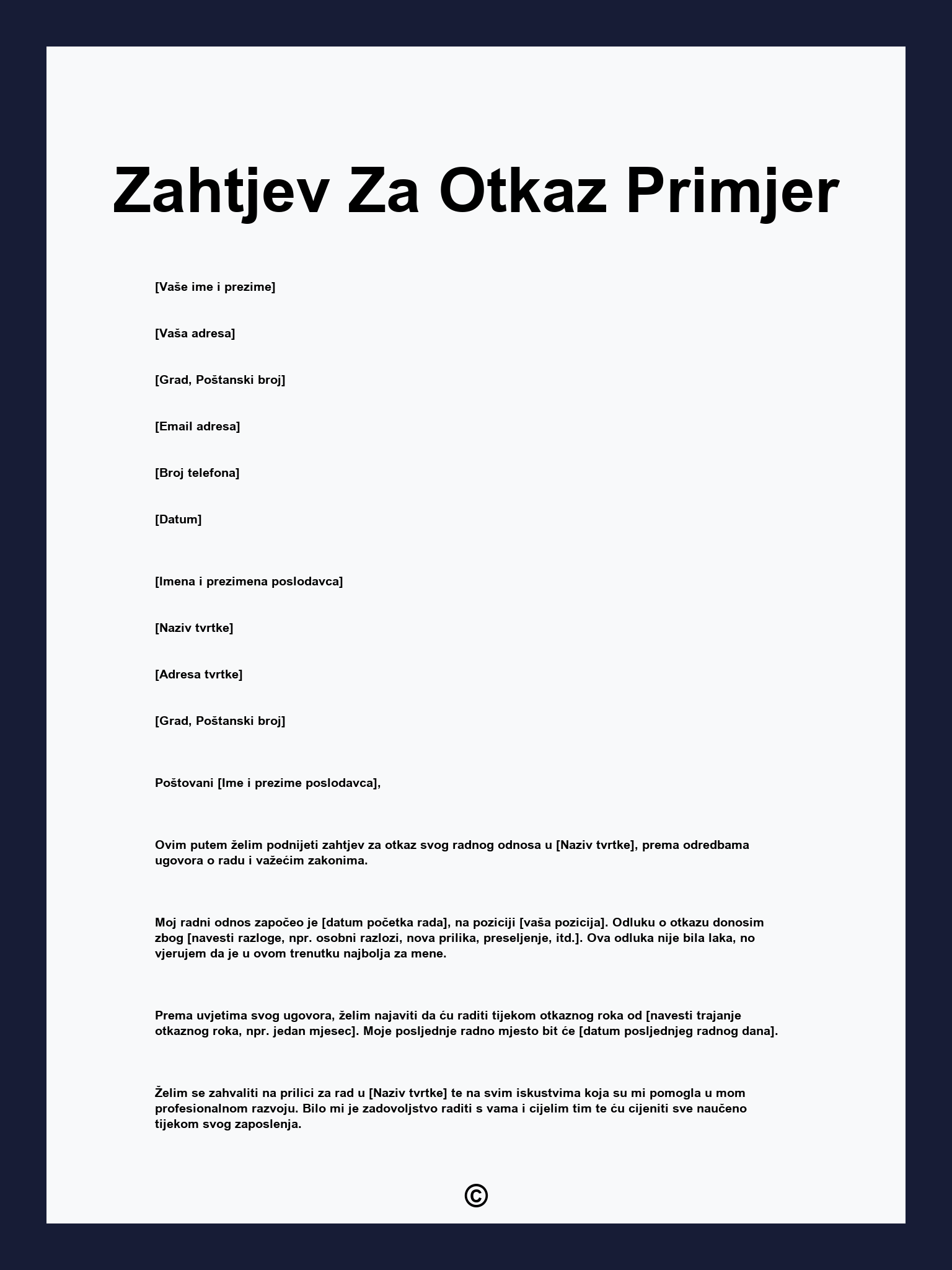 Zahtjev Za Otkaz Primjer