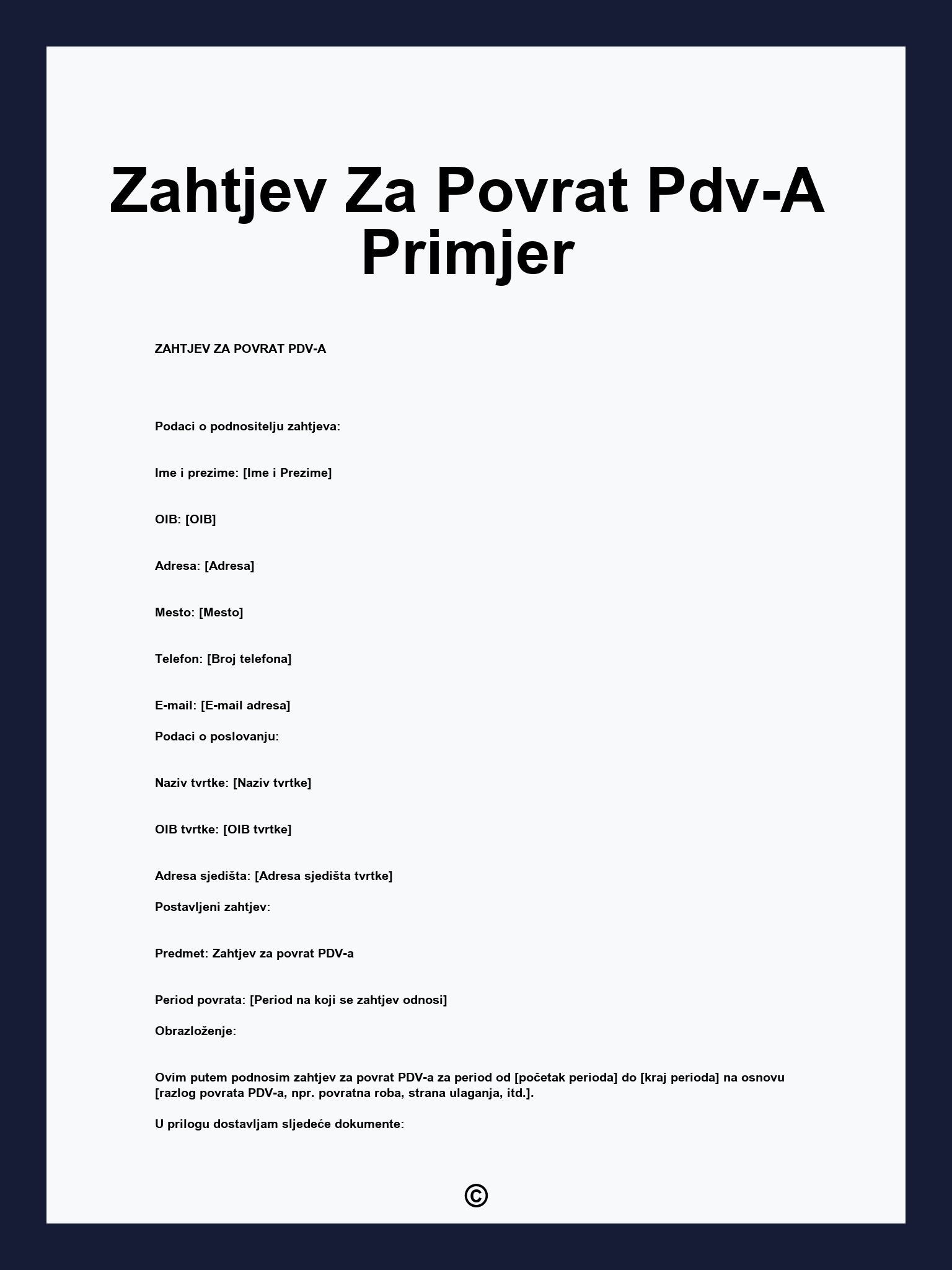 Zahtjev Za Povrat Pdv-A Primjer