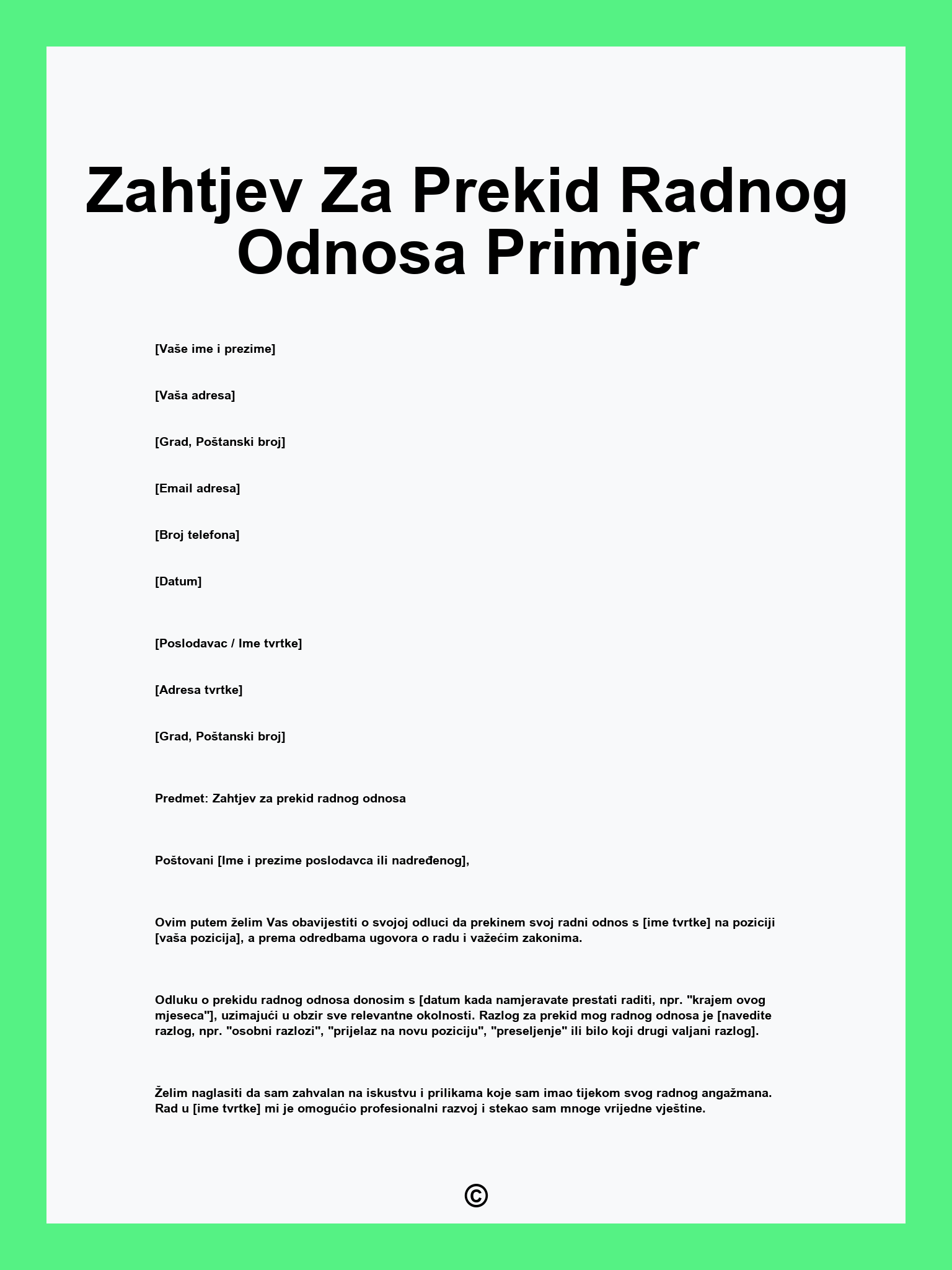 Zahtjev Za Prekid Radnog Odnosa Primjer