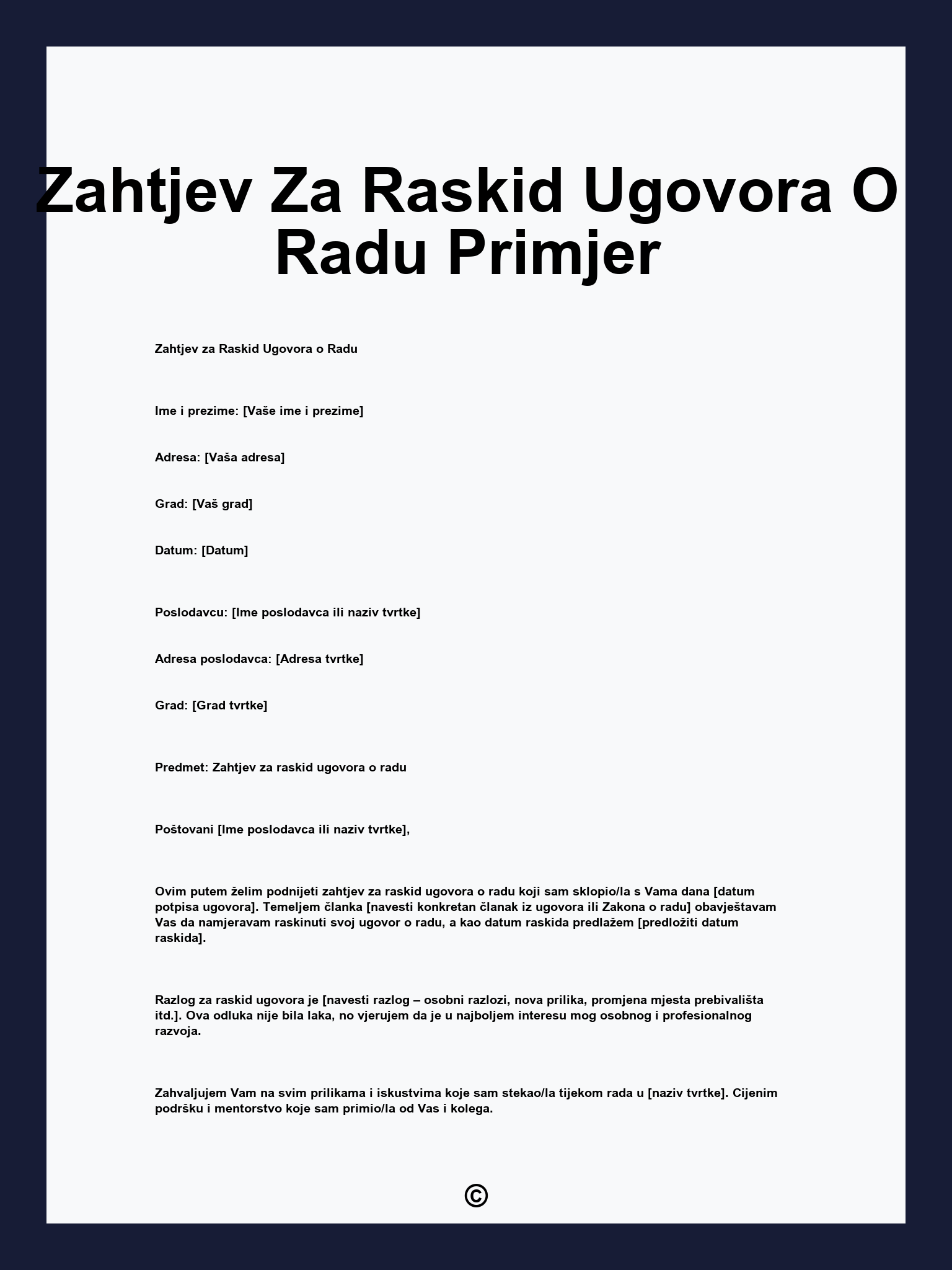 Zahtjev Za Raskid Ugovora O Radu Primjer