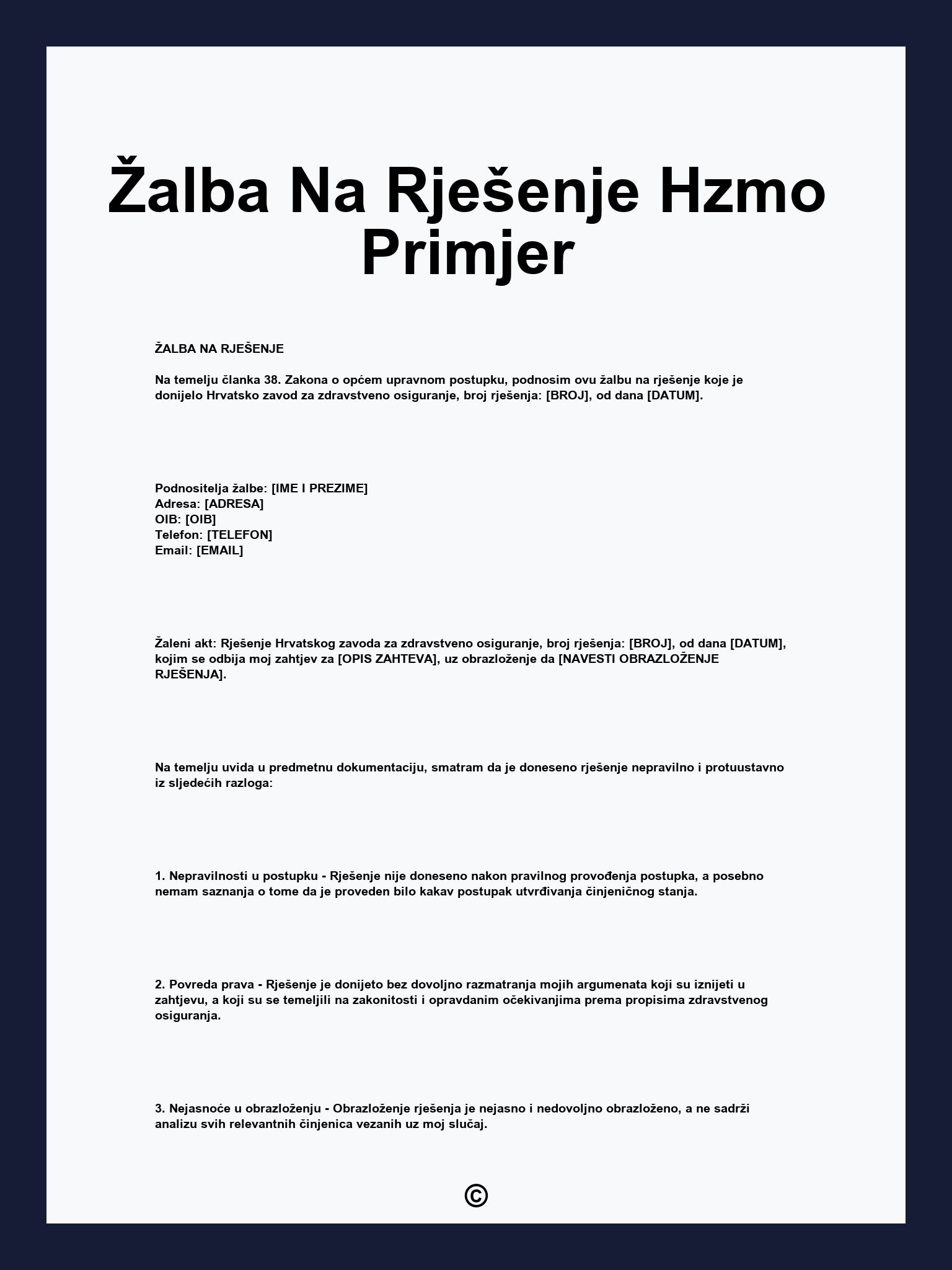 Žalba Na Rješenje Hzmo Primjer