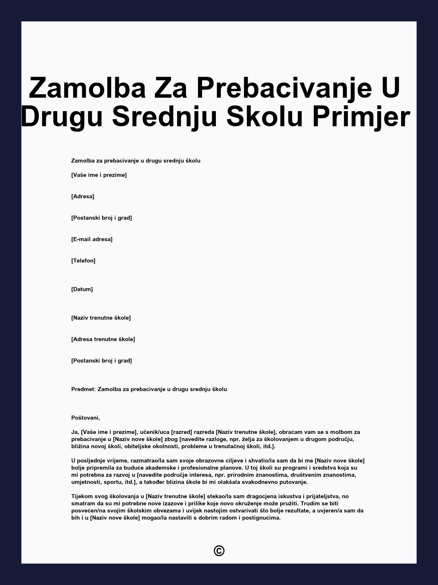 Zamolba Za Prebacivanje U Drugu Srednju Skolu Primjer