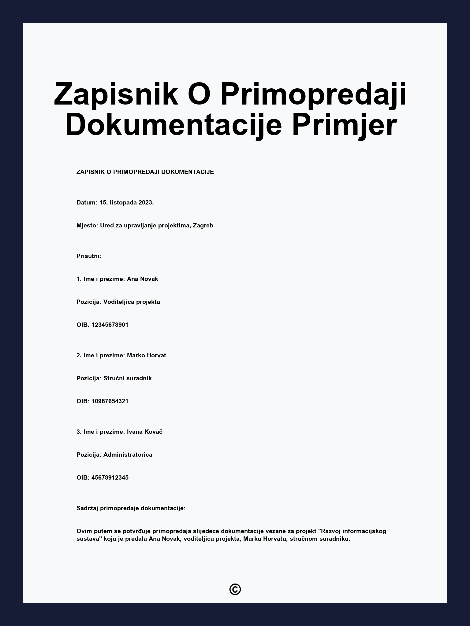 Zapisnik O Primopredaji Dokumentacije Primjer